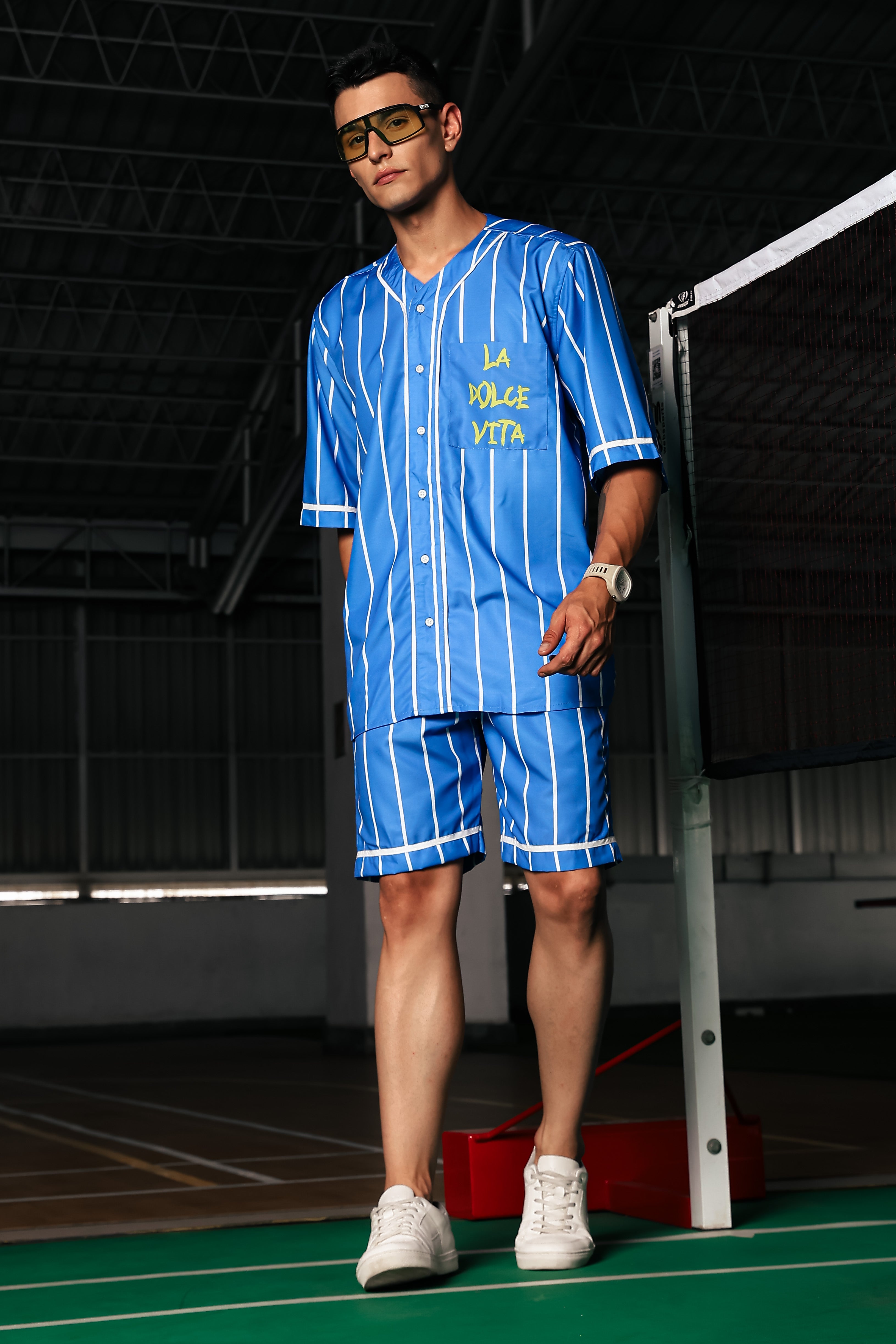 BASEBALL SHIRT SWEAT SHORTS セットアップ Blue & White Stripe Printed Oversized Baseball Resort Shirt