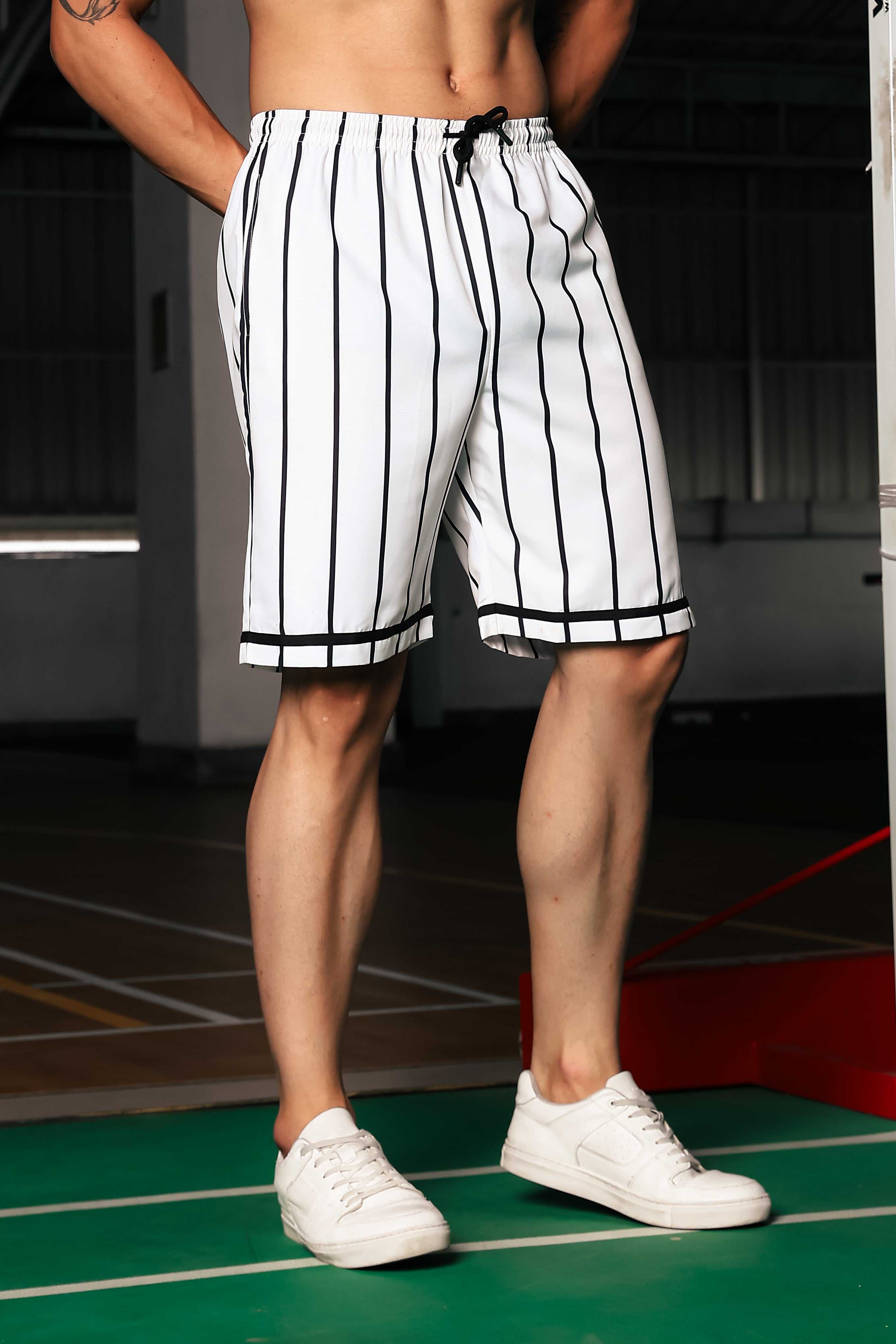 Black & White Stripe Printed Oversized Baseball Resort Shirt & Shorts Co-ord Set