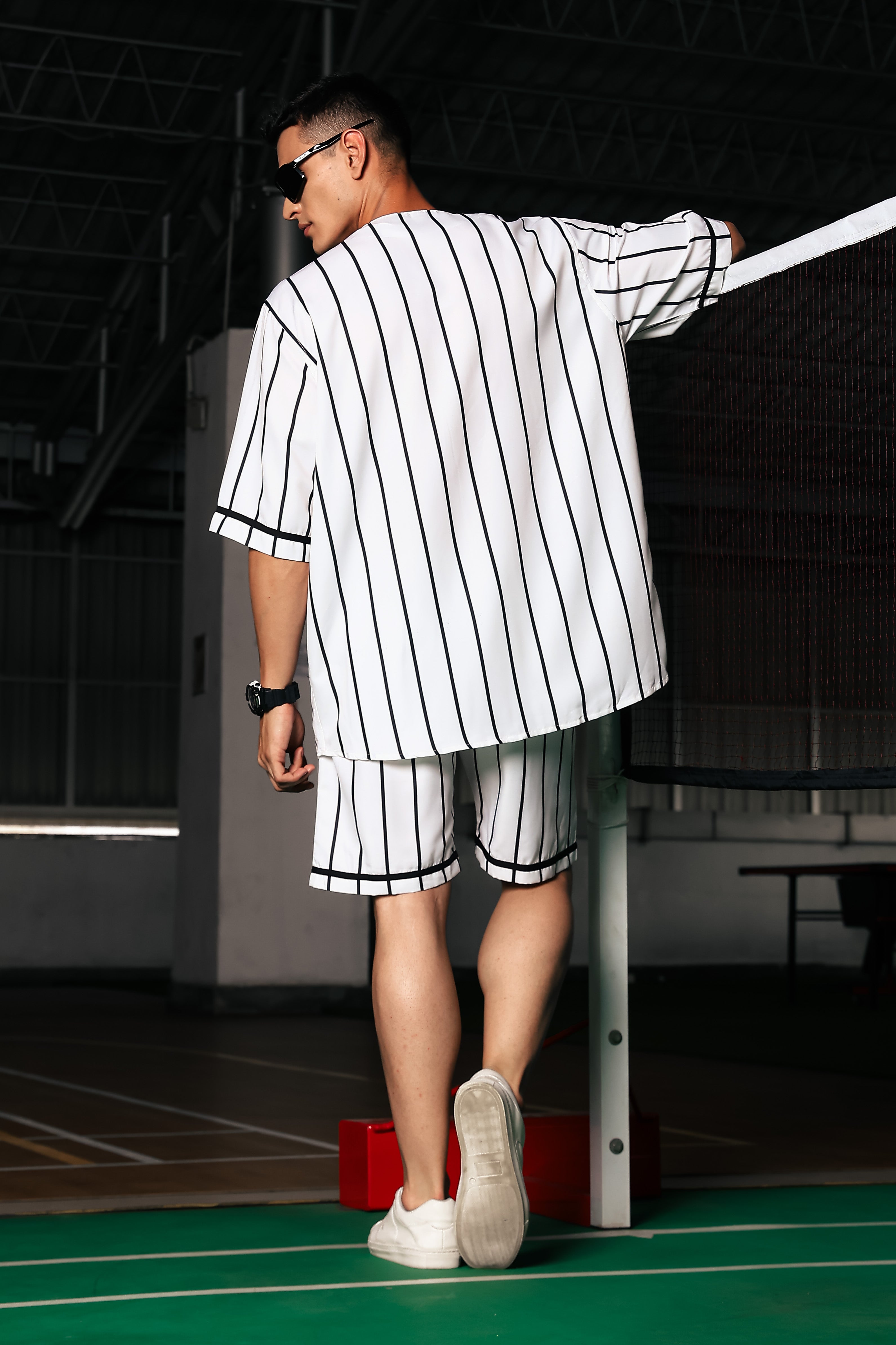 Black & White Stripe Printed Oversized Baseball Resort Shirt & Shorts Co-ord Set