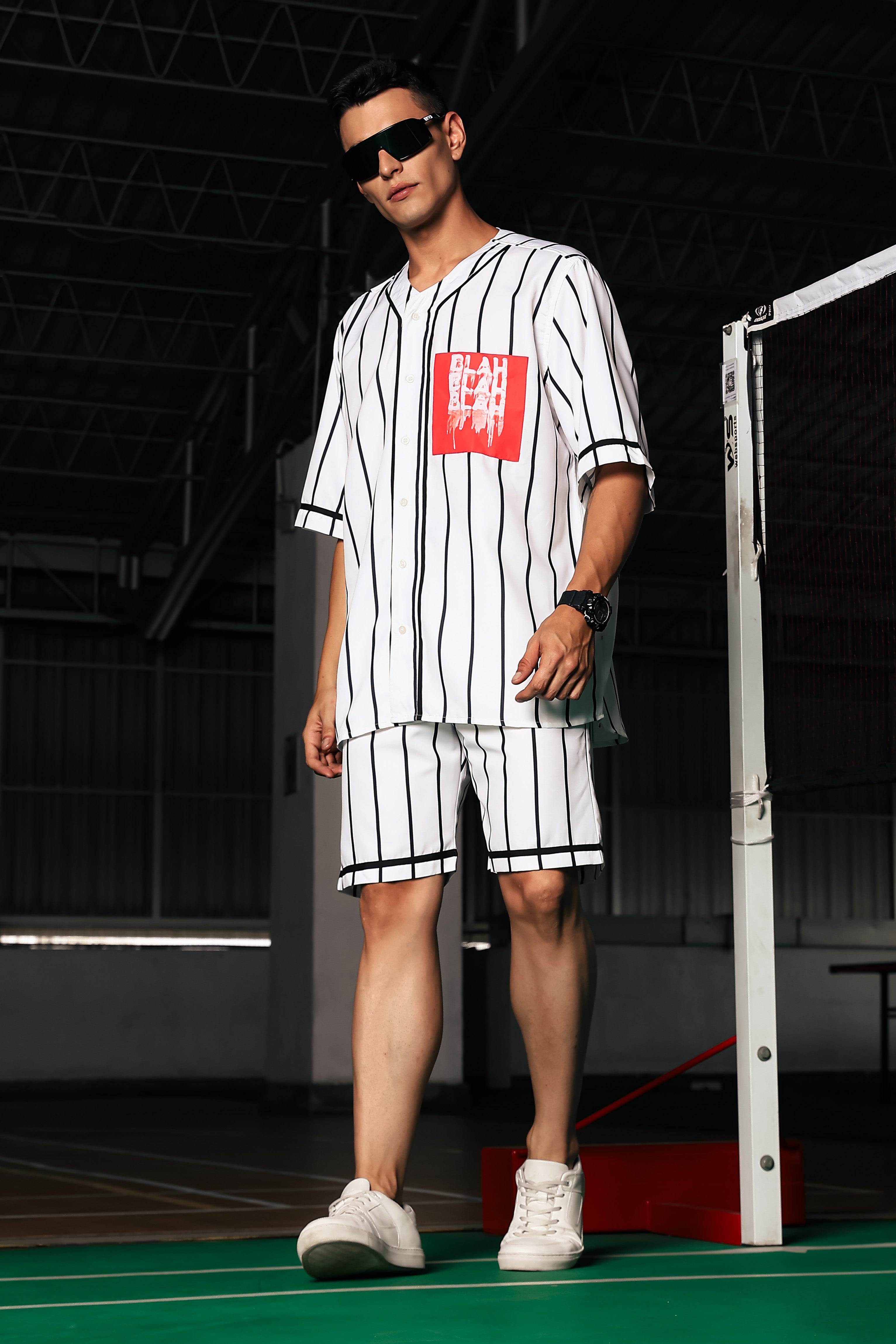 Black & White Stripe Printed Oversized Baseball Resort Shirt & Shorts Co-ord Set