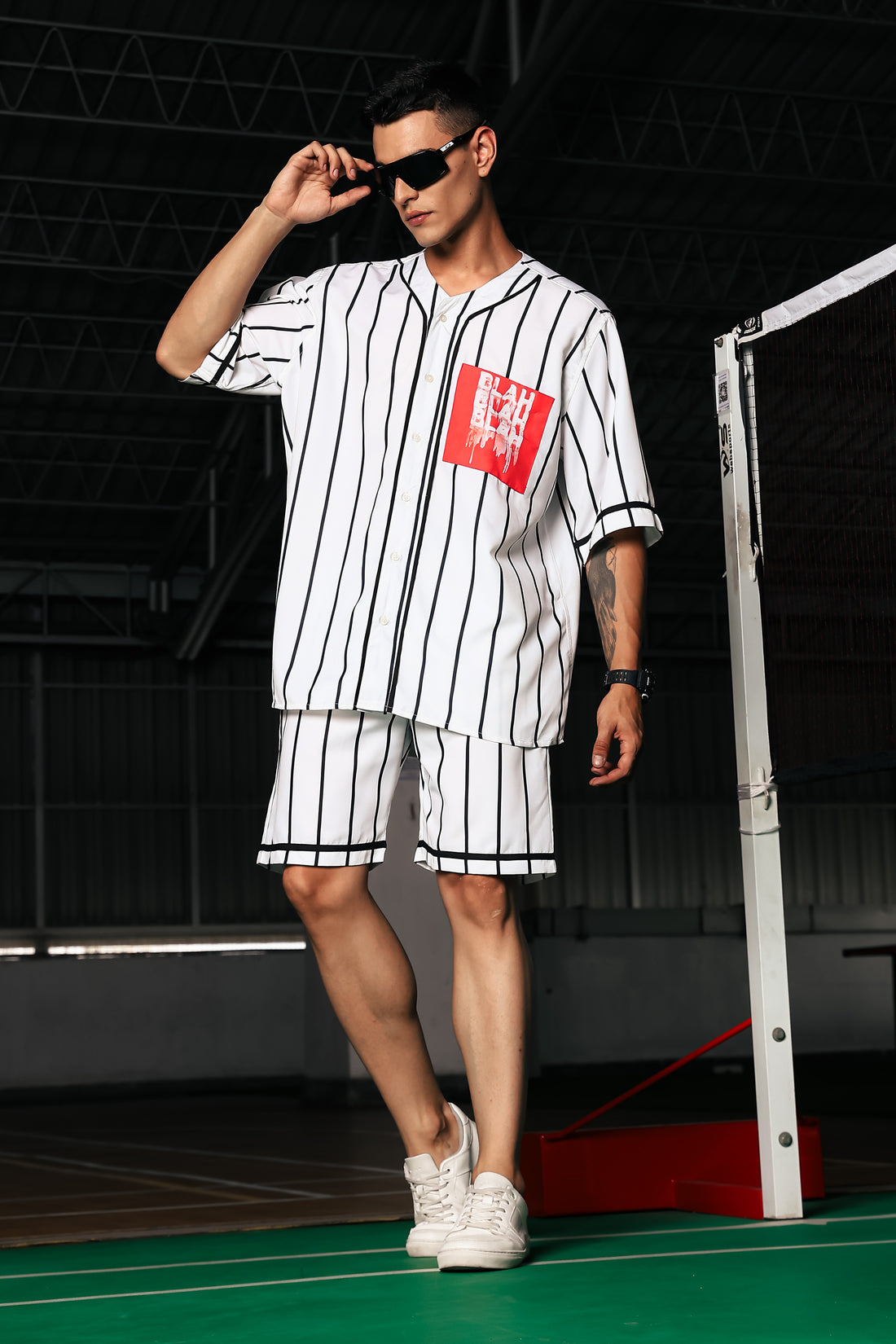 Black & White Stripe Printed Oversized Baseball Resort Shirt & Shorts Co-ord Set