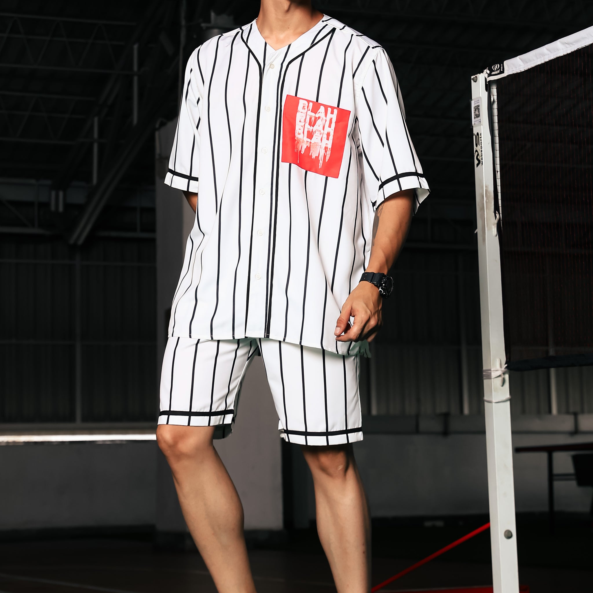 Black & White Stripe Printed Oversized Baseball Resort Shirt & Shorts Co-ord Set