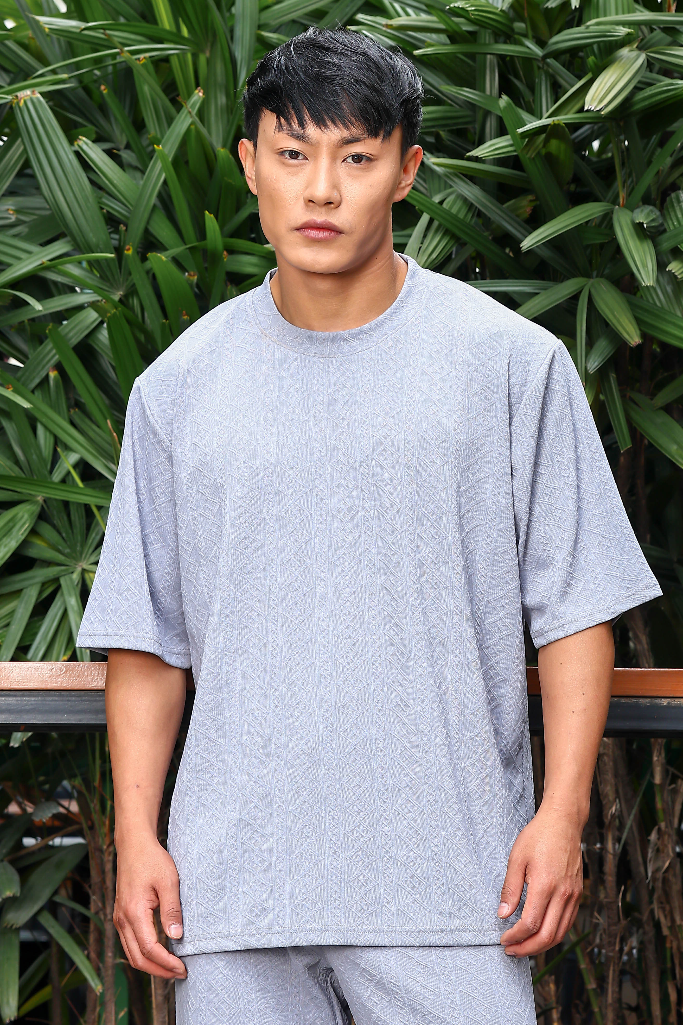 Unisex Grey Textured Oversized Round Neck Tee & Track Pant Co-ord Set