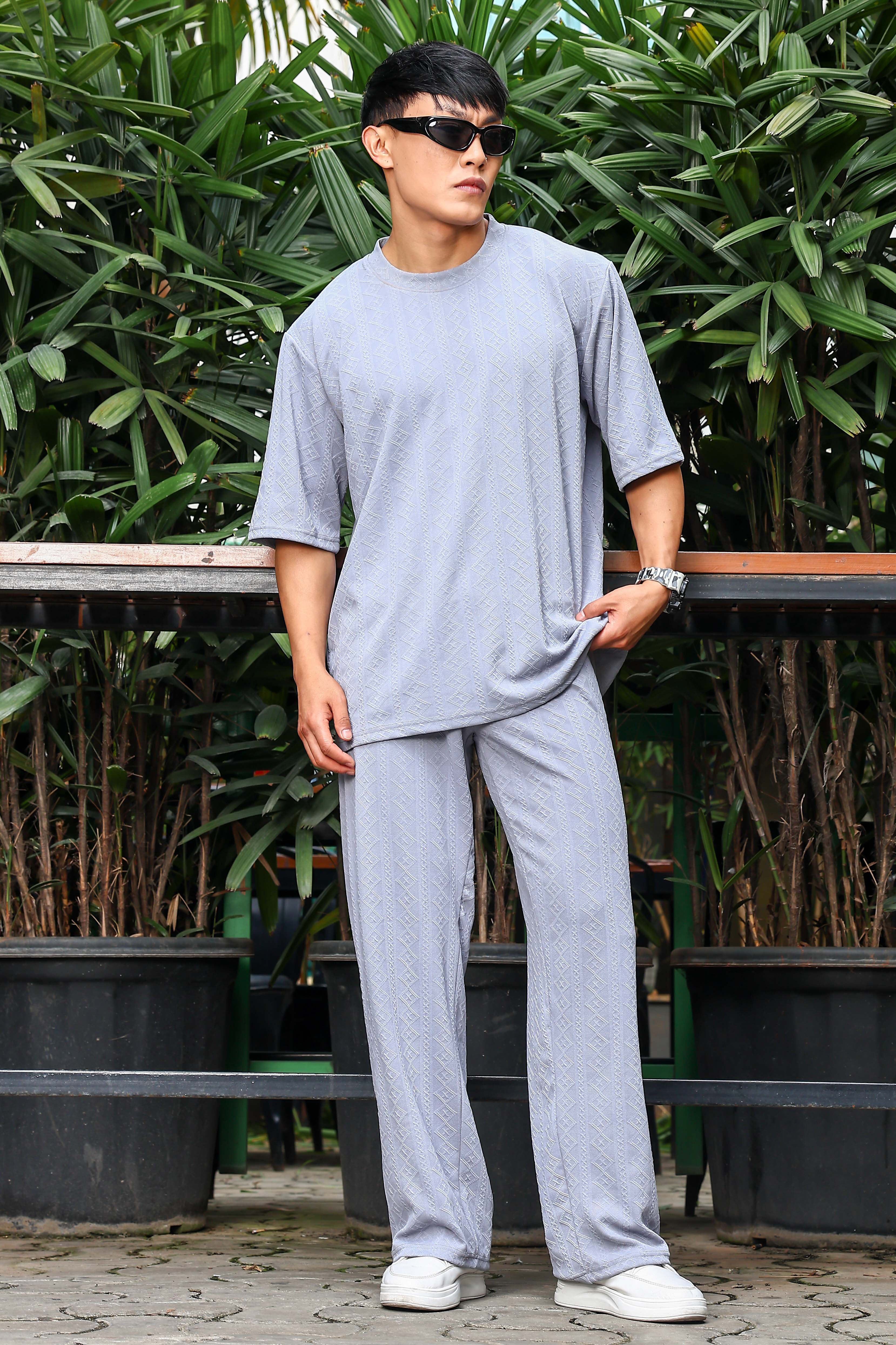 Unisex Grey Textured Oversized Round Neck Tee & Track Pant Co-ord Set