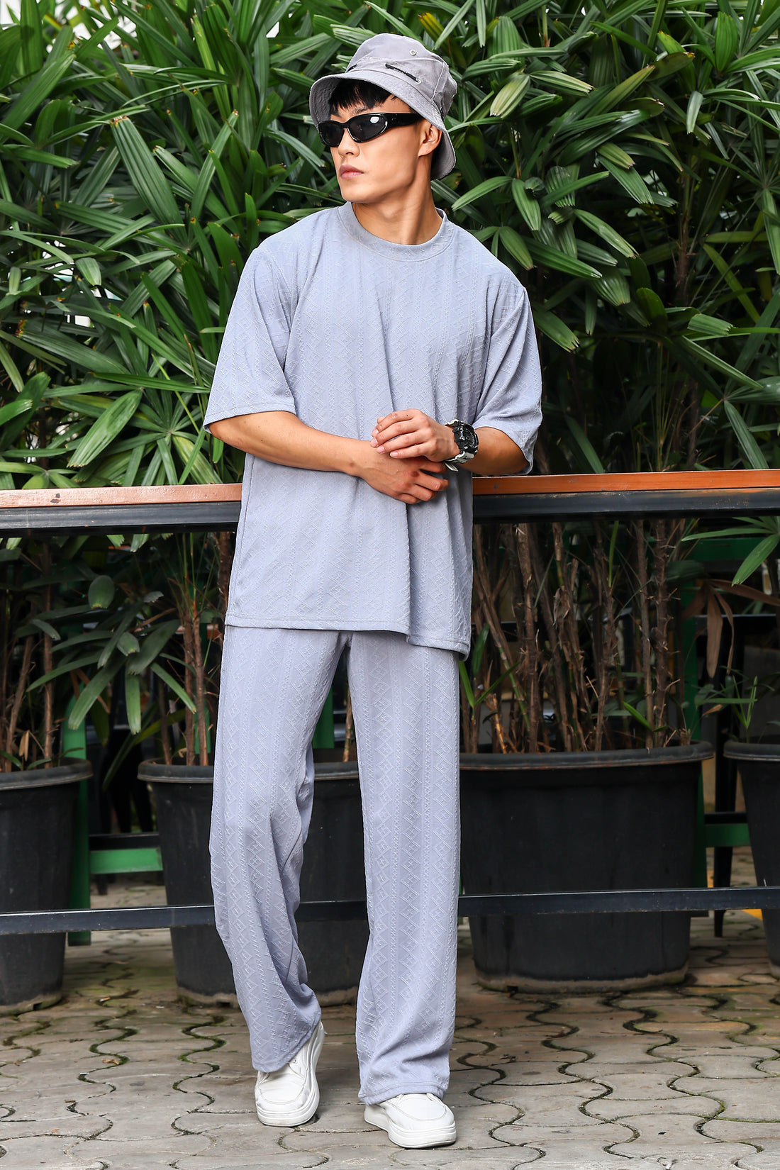 Unisex Grey Textured Oversized Round Neck Tee & Track Pant Co-ord Set