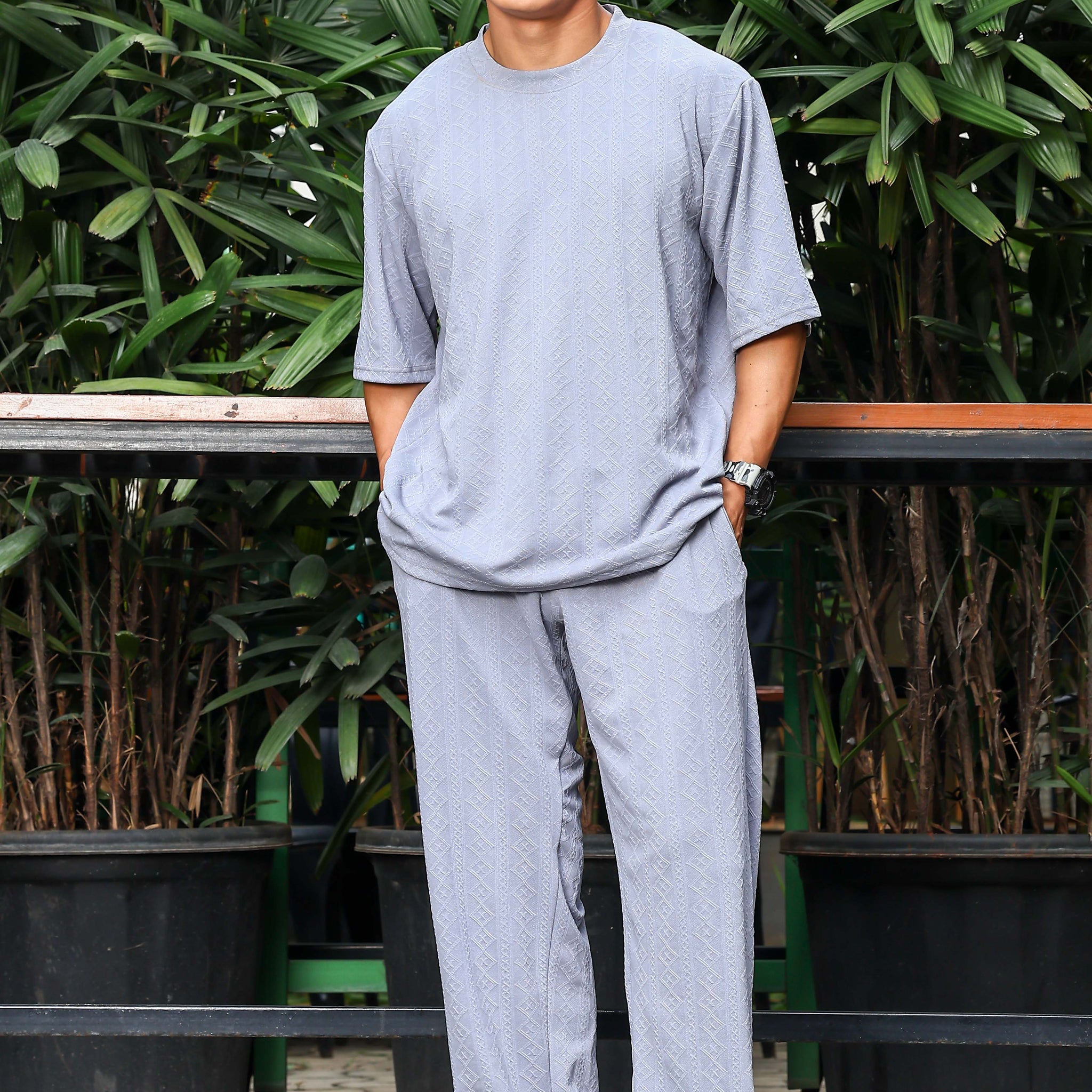 Unisex Grey Textured Oversized Round Neck Tee & Track Pant Co-ord Set