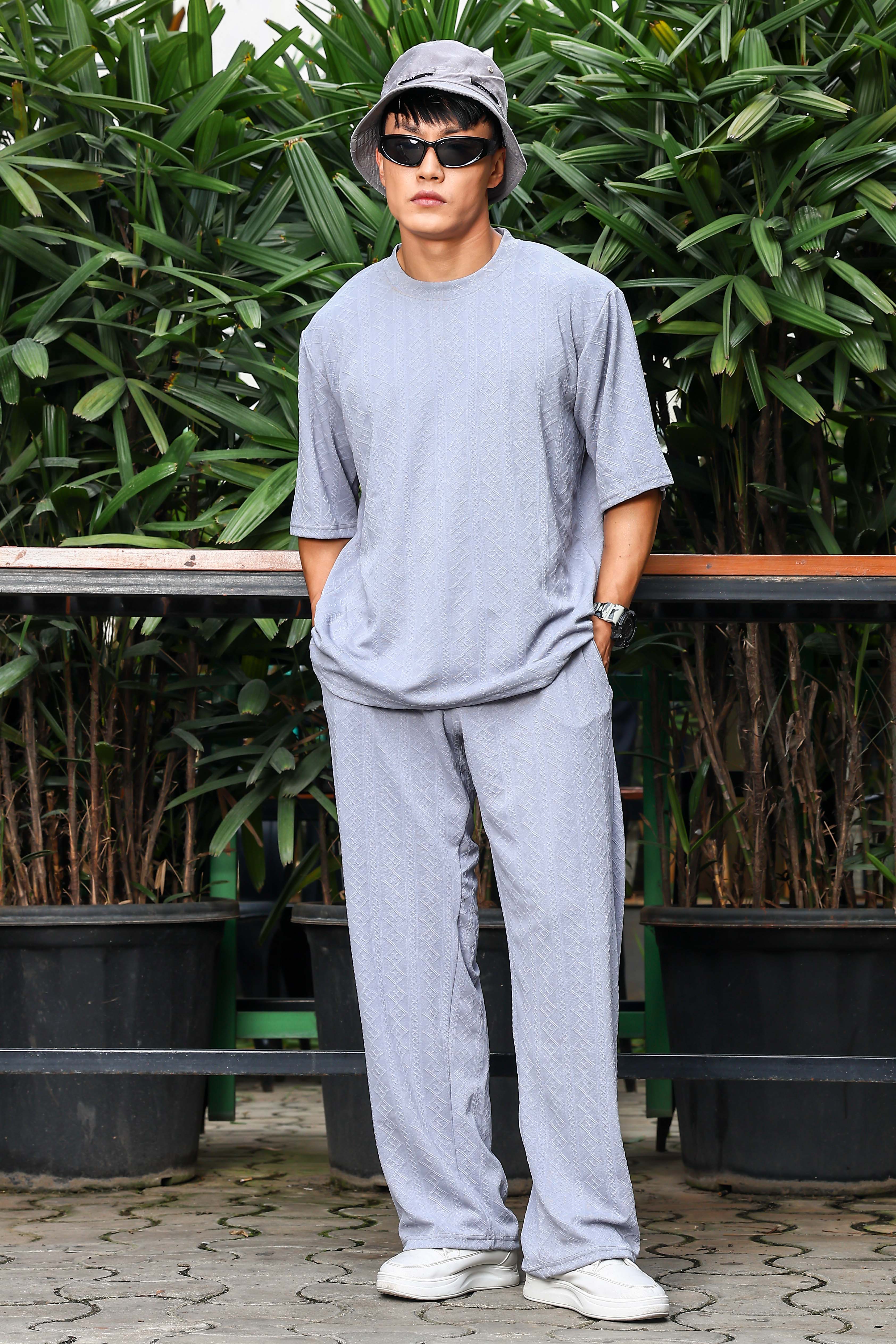 Unisex Grey Textured Oversized Round Neck Tee & Track Pant Co-ord Set
