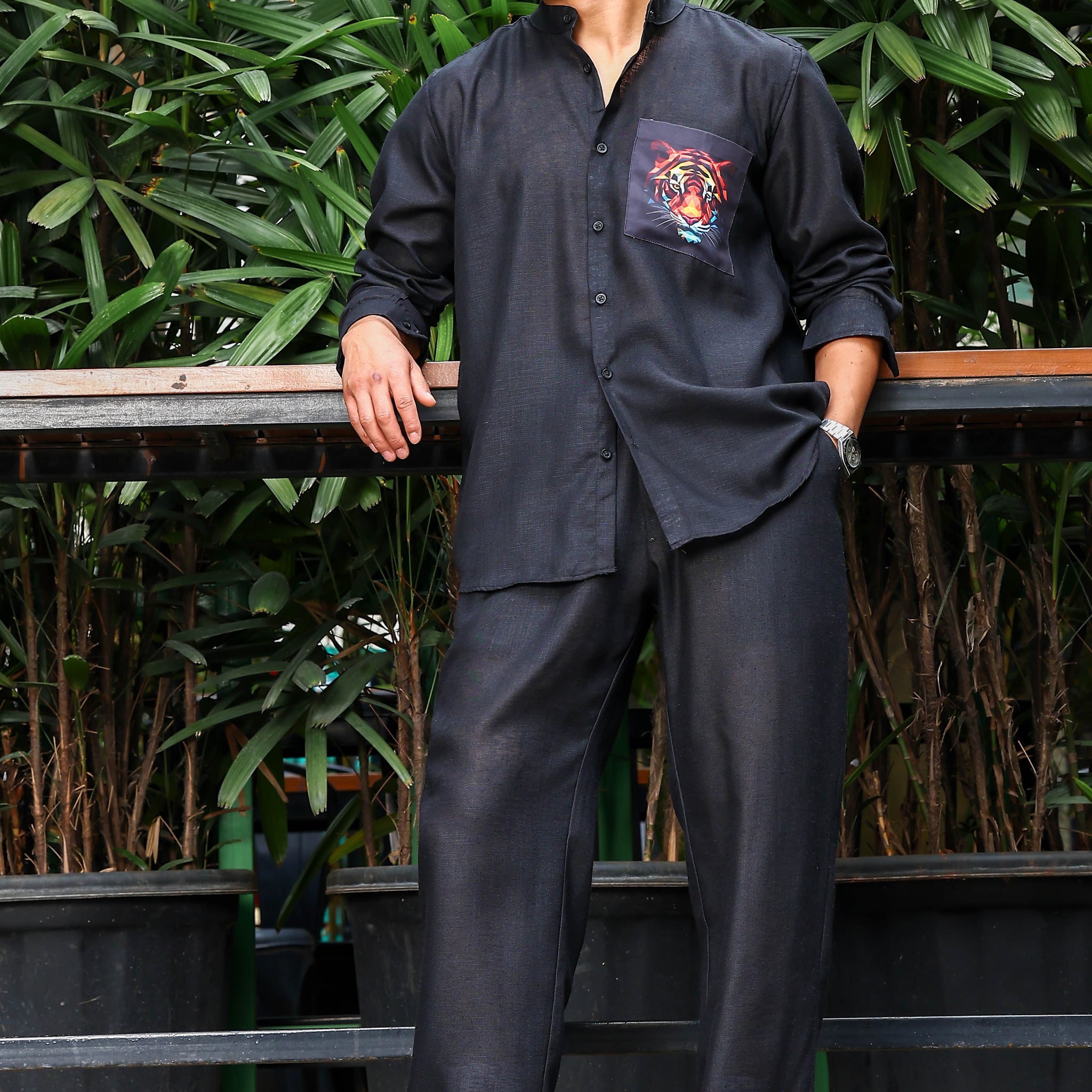 Black Linen Blend Casual Relaxed Fit Mandarin Collar Shirt & All Day Pants Co-Ord Set