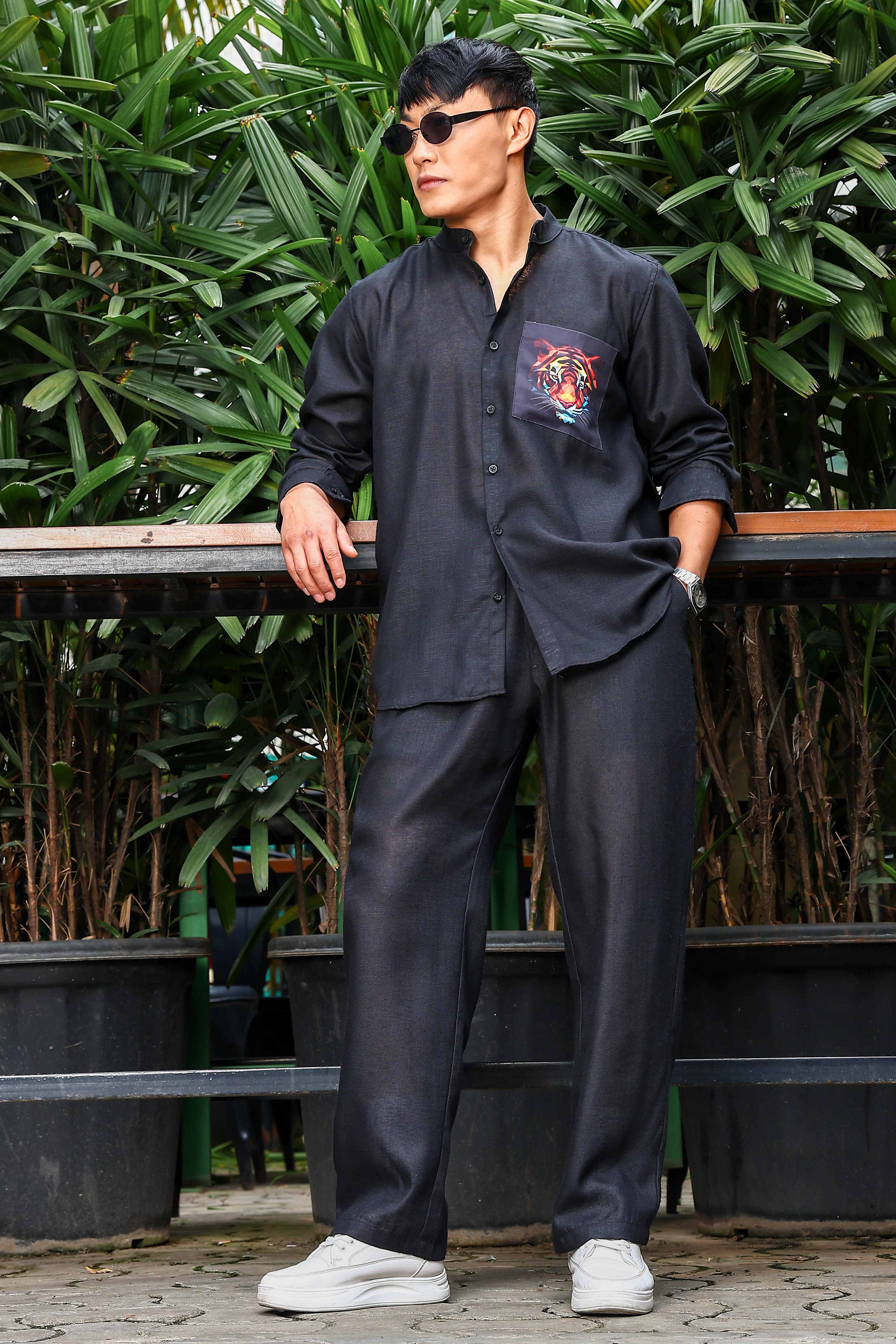Black Linen Blend Casual Relaxed Fit Mandarin Collar Shirt & All Day Pants Co-Ord Set