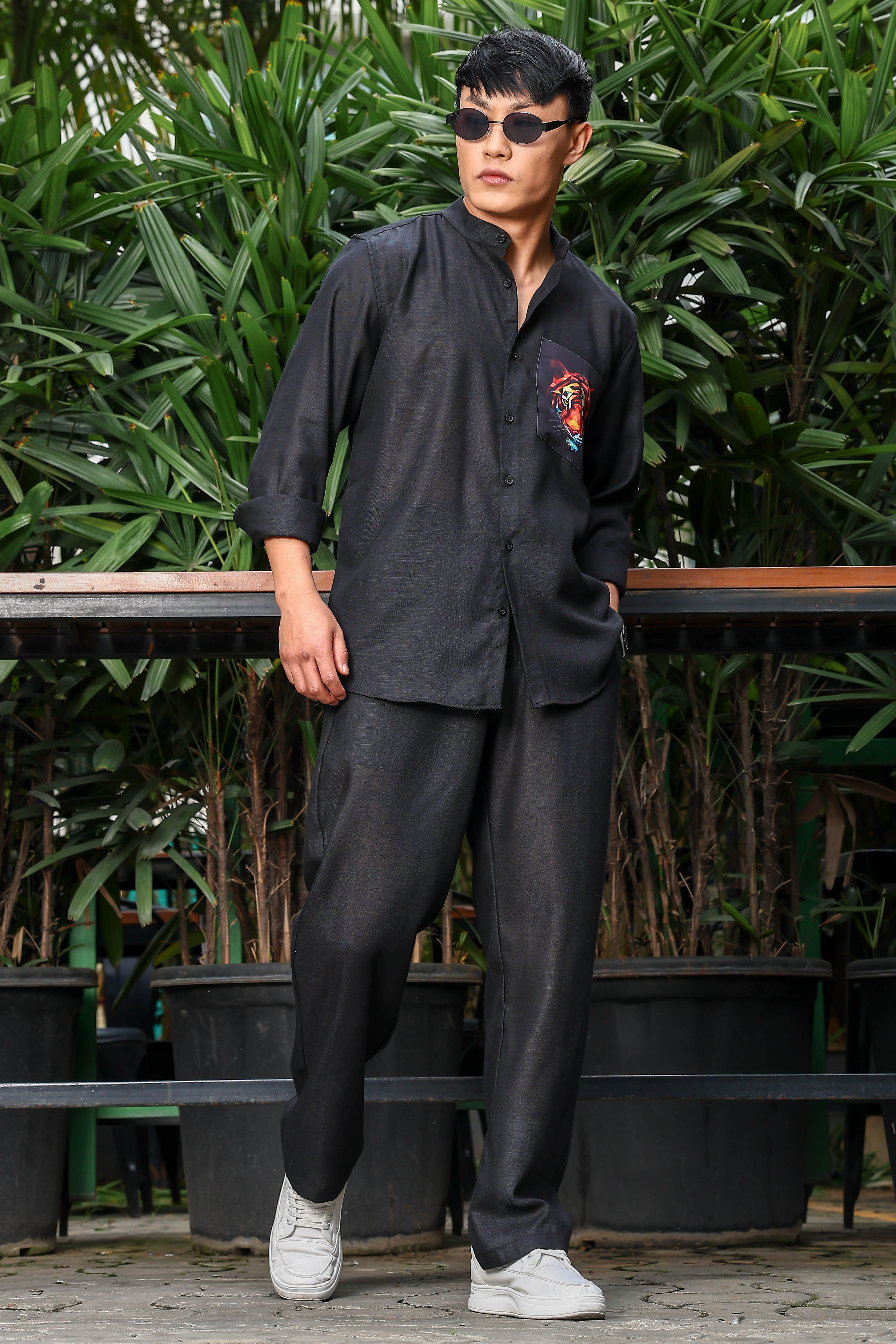 Black Linen Blend Casual Relaxed Fit Mandarin Collar Shirt & All Day Pants Co-Ord Set
