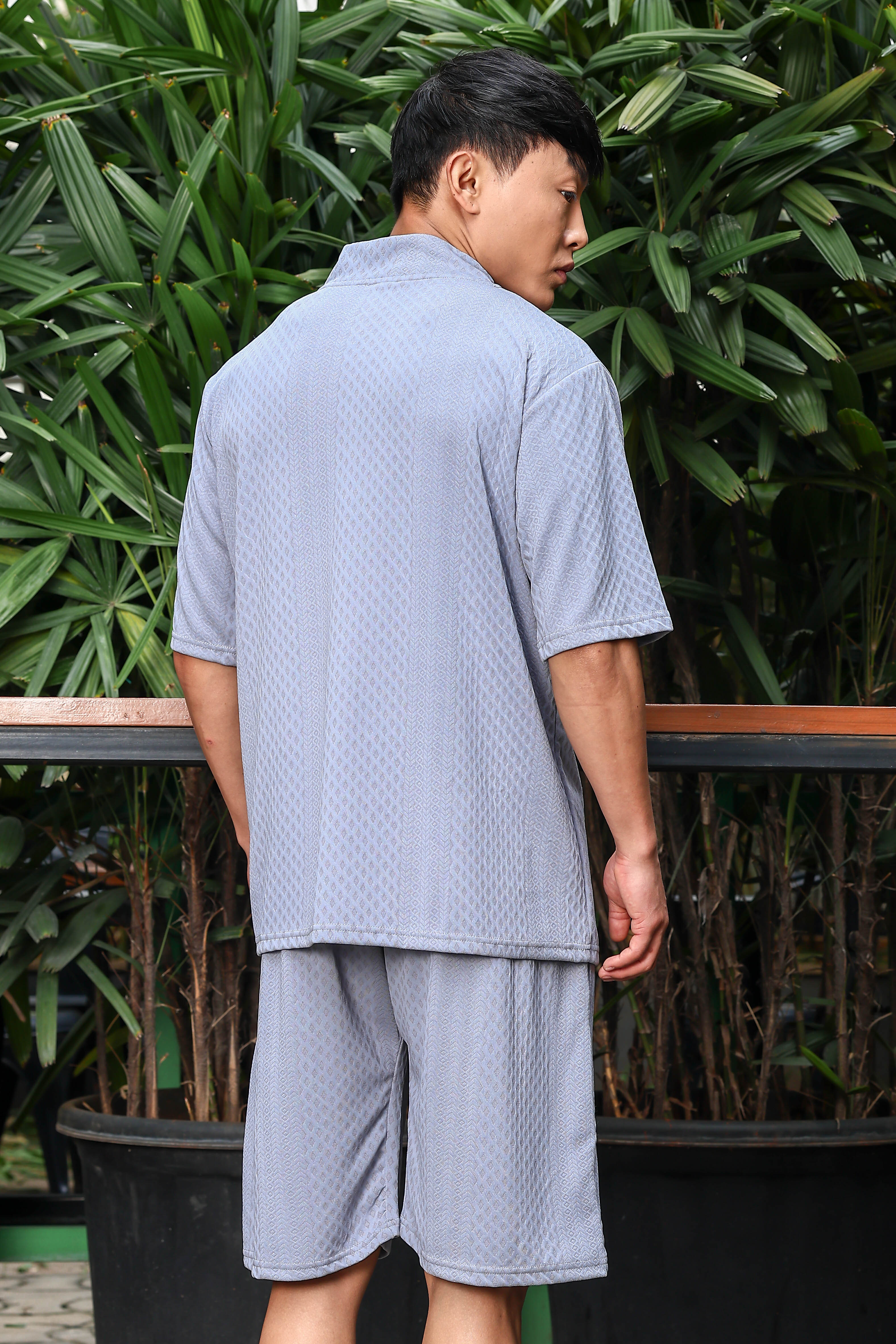 Unisex Grey Textured Oversized V-Neck Tee & Shorts Co-ord Set