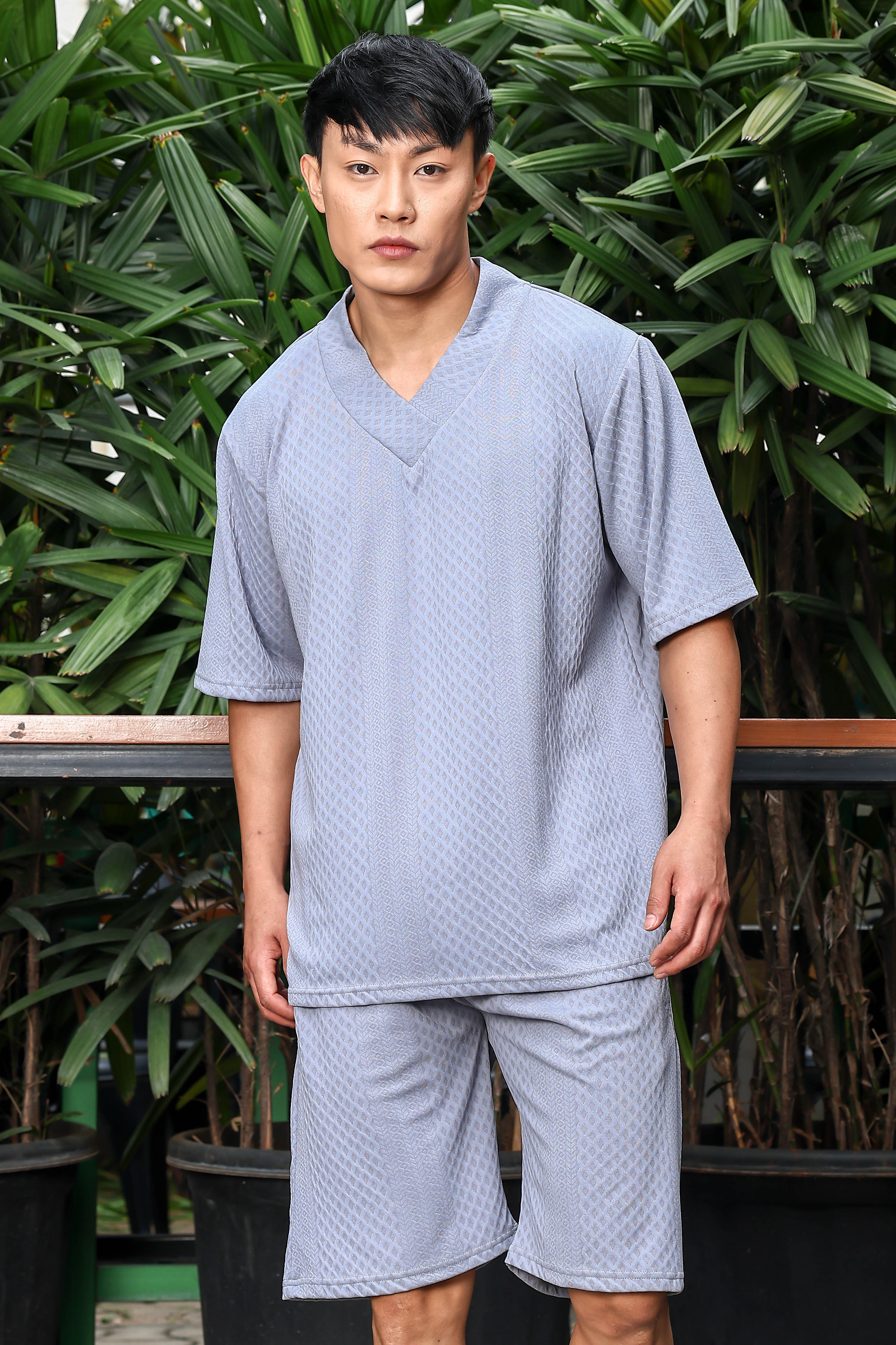 Unisex Grey Textured Oversized V-Neck Tee & Shorts Co-ord Set