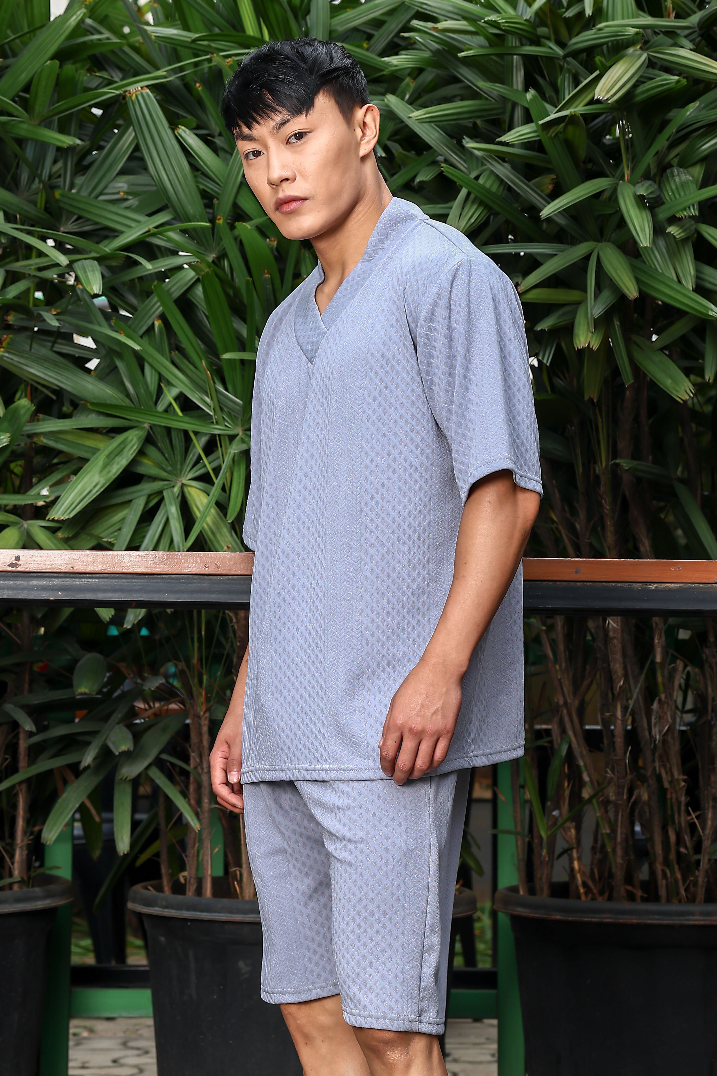 Unisex Grey Textured Oversized V-Neck Tee & Shorts Co-ord Set