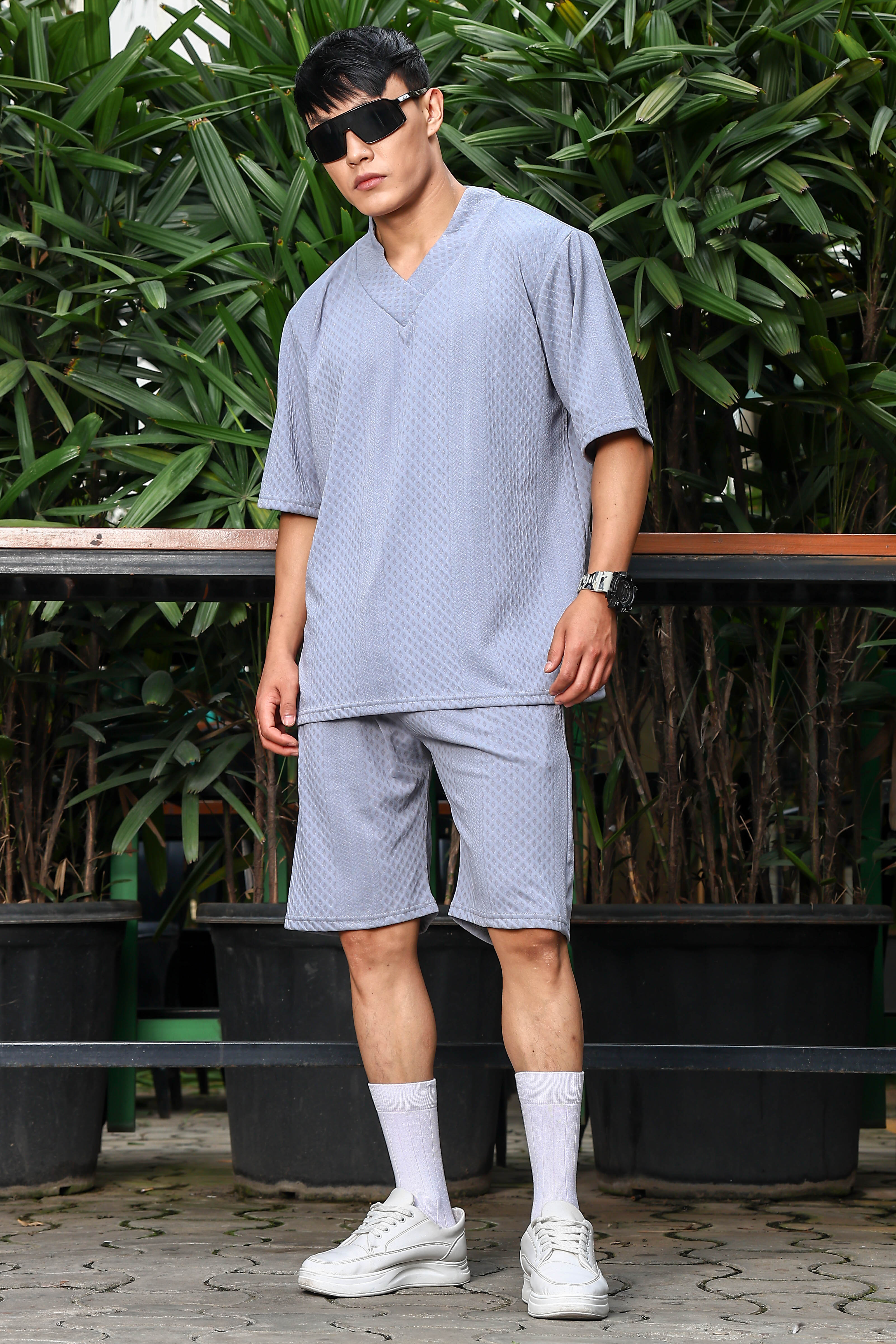 Unisex Grey Textured Oversized V-Neck Tee & Shorts Co-ord Set