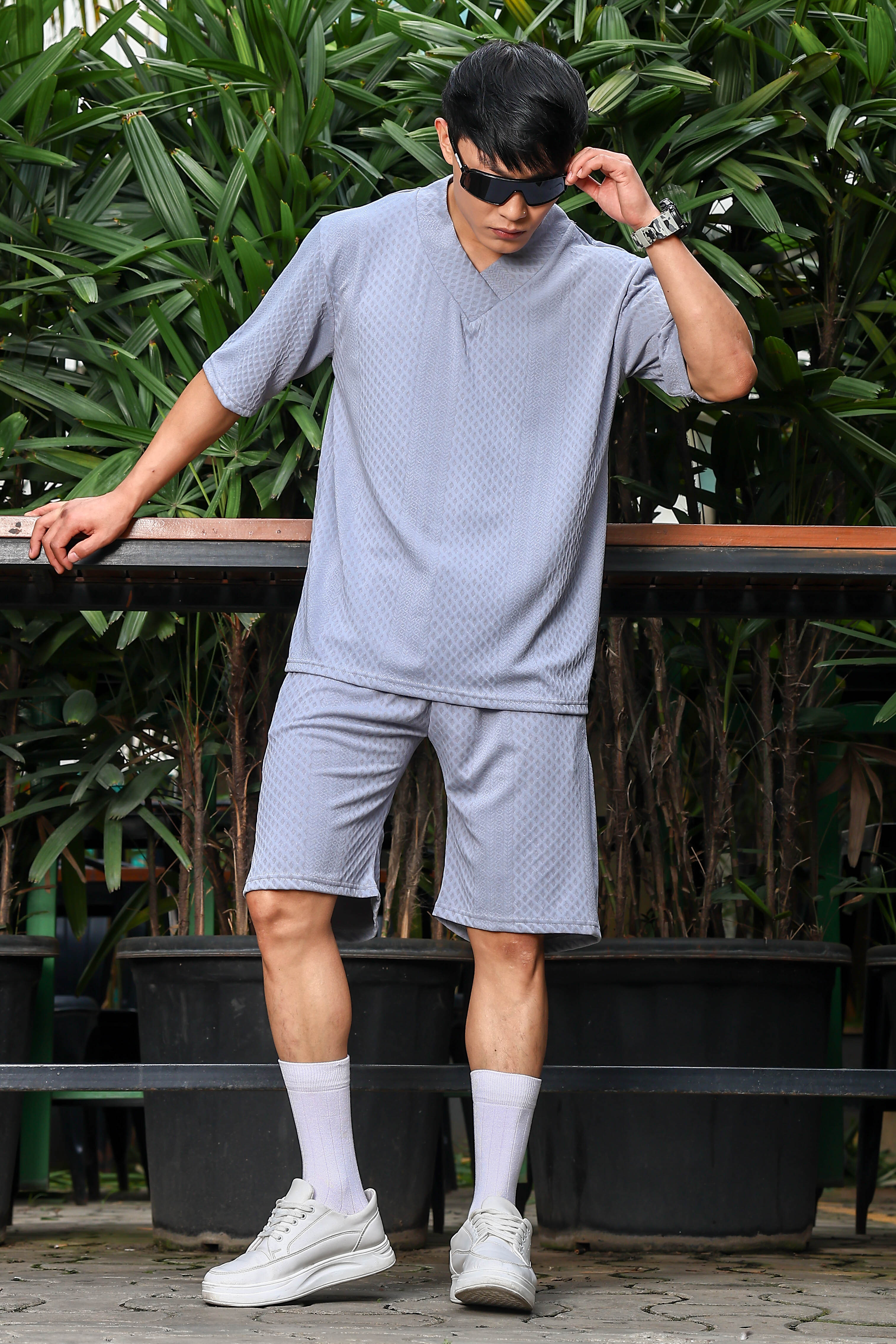 Unisex Grey Textured Oversized V-Neck Tee & Shorts Co-ord Set
