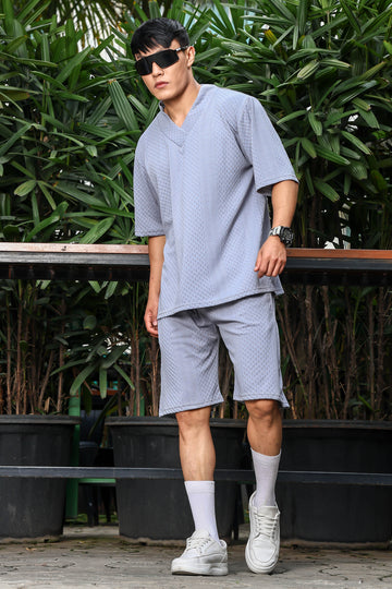 Unisex Grey Textured Oversized V-Neck Tee & Shorts Co-ord Set