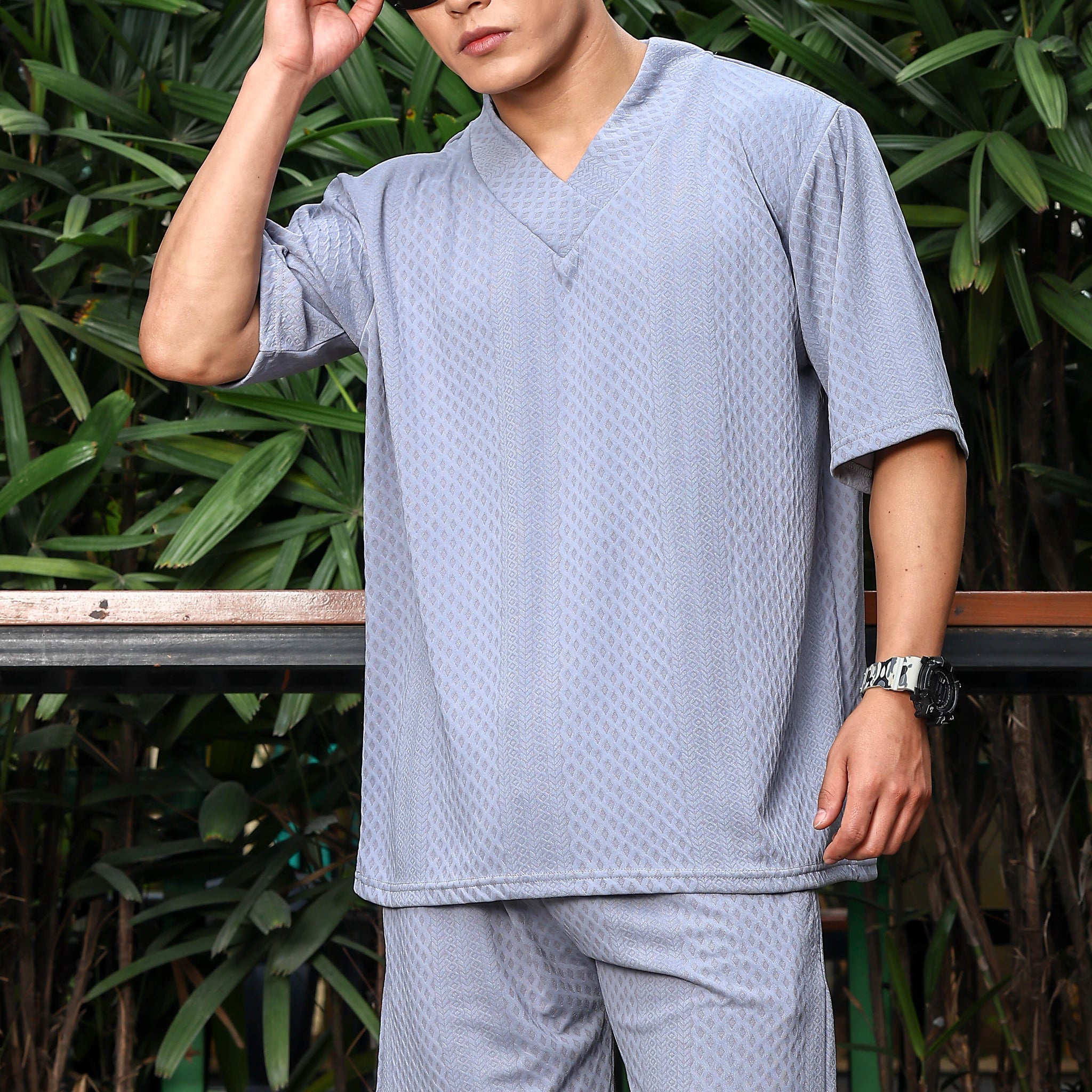 Unisex Grey Textured Oversized V-Neck Tee & Shorts Co-ord Set