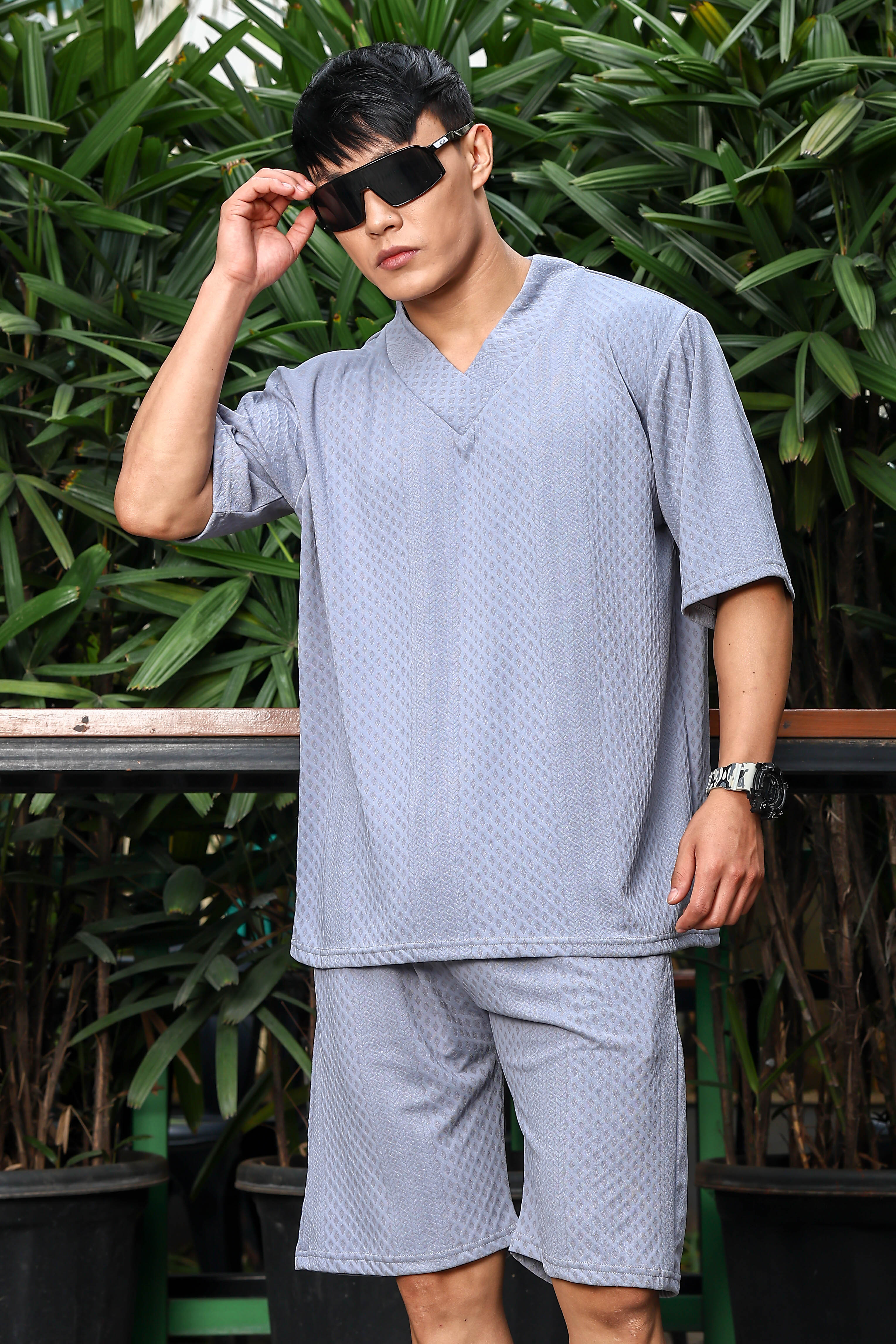 Unisex Grey Textured Oversized V-Neck Tee & Shorts Co-ord Set