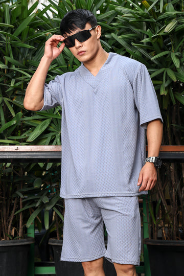 Unisex Grey Textured Oversized V-Neck Tee & Shorts Co-ord Set