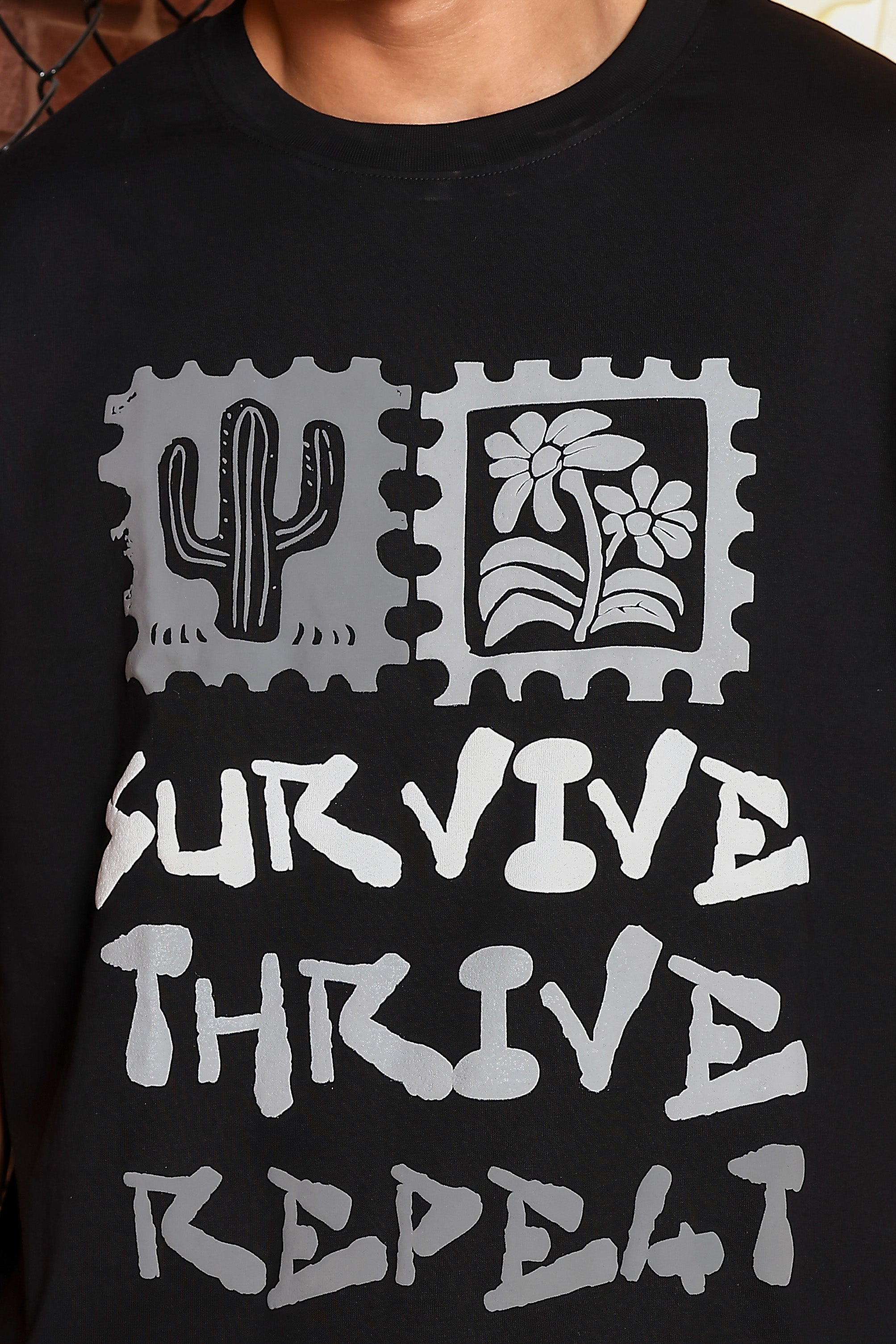 Black Oversized Printed Premium Drop-Shoulder Sleeve Pure Cotton T-shirt