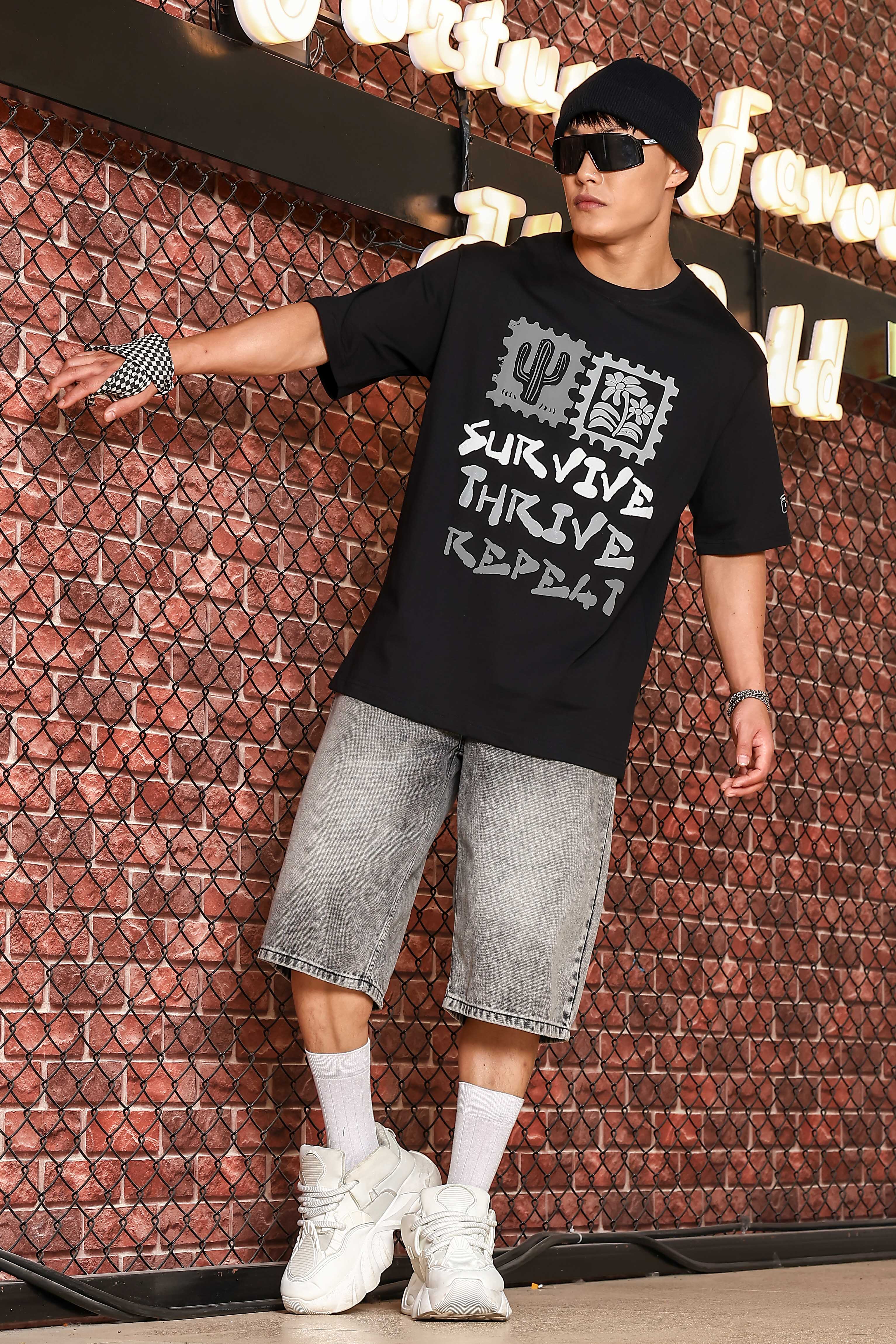 Black Oversized Printed Premium Drop-Shoulder Sleeve Pure Cotton T-shirt