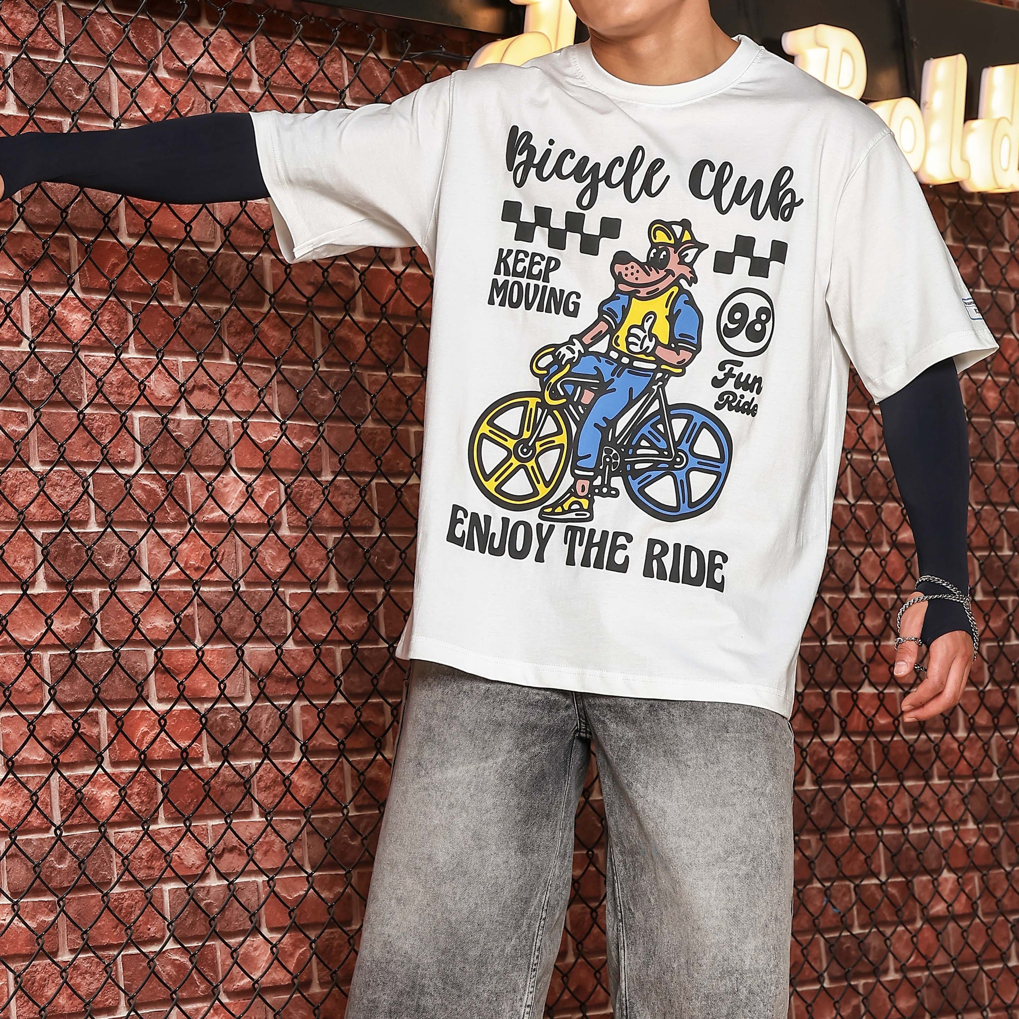 White Oversized Printed Premium Drop-Shoulder Sleeve Pure Cotton T-shirt