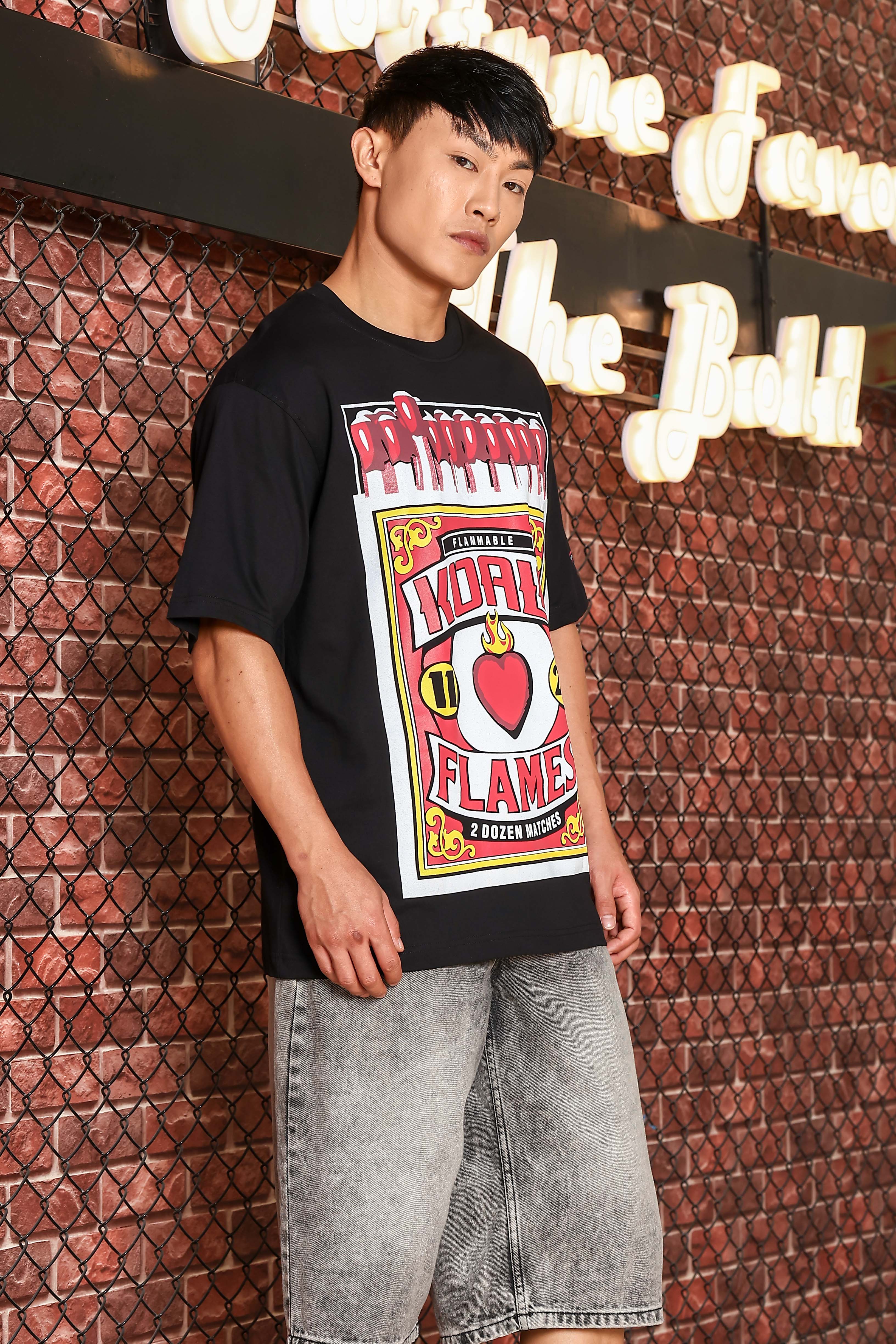 Black Oversized Printed Premium Drop-Shoulder Sleeve Pure Cotton T-shirt