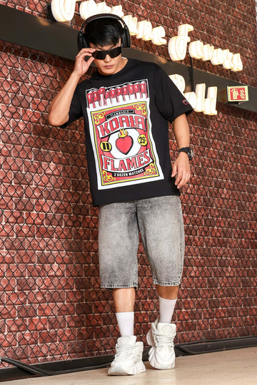 Black Oversized Printed Premium Drop-Shoulder Sleeve Pure Cotton T-shirt