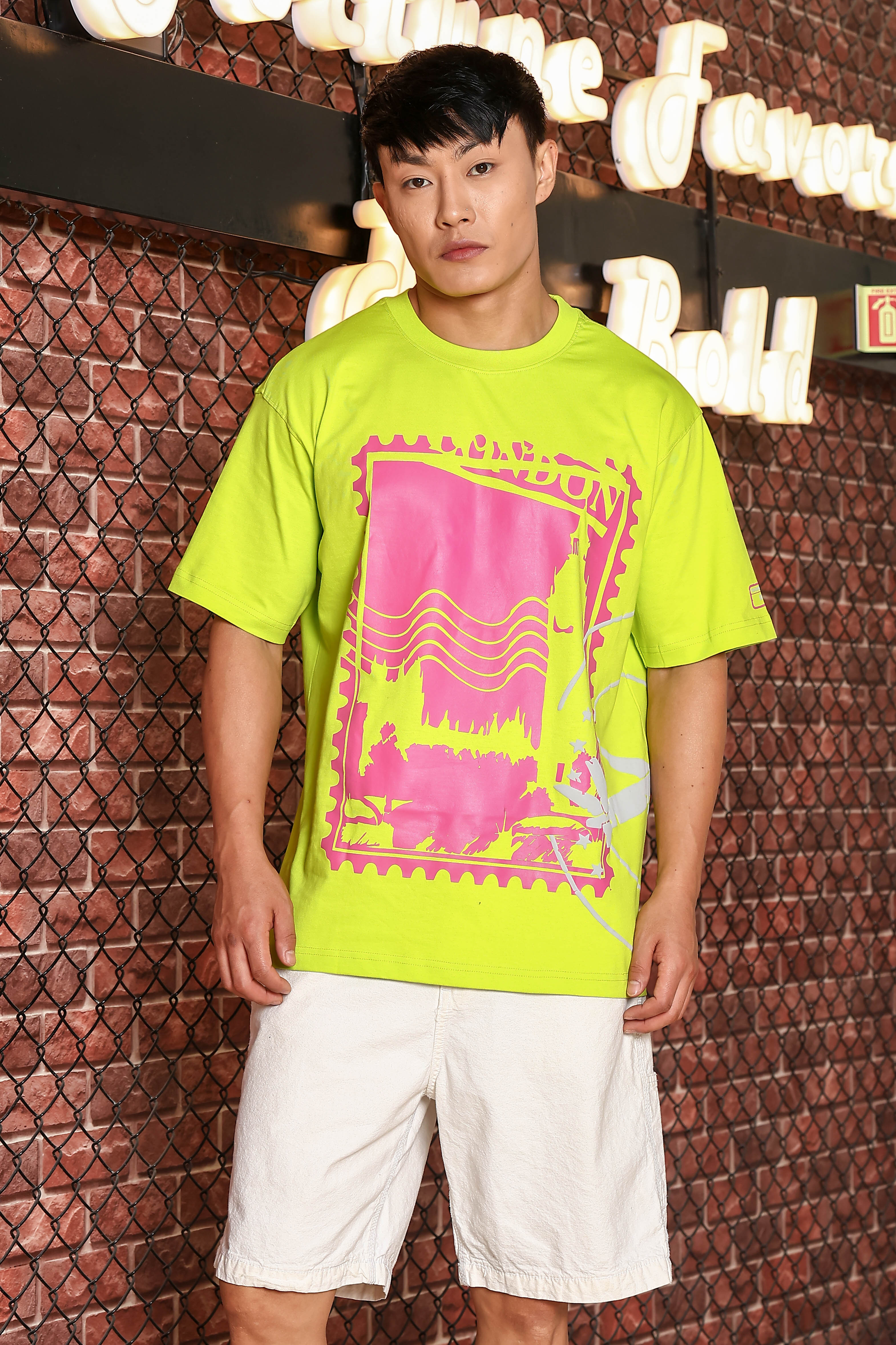 Neon Green Oversized Printed Drop-Shoulder Sleeve Pure Cotton T-shirt