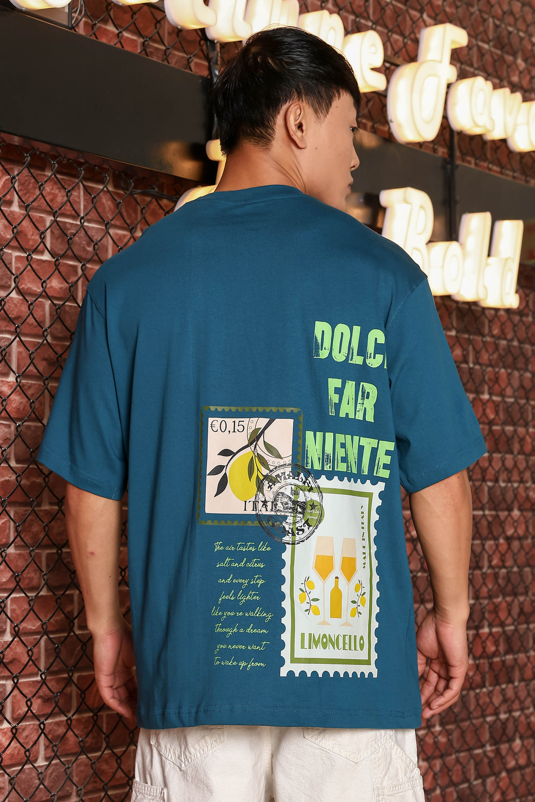 Blue Oversized Printed Premium Drop-Shoulder Sleeve Pure Cotton T-shirt