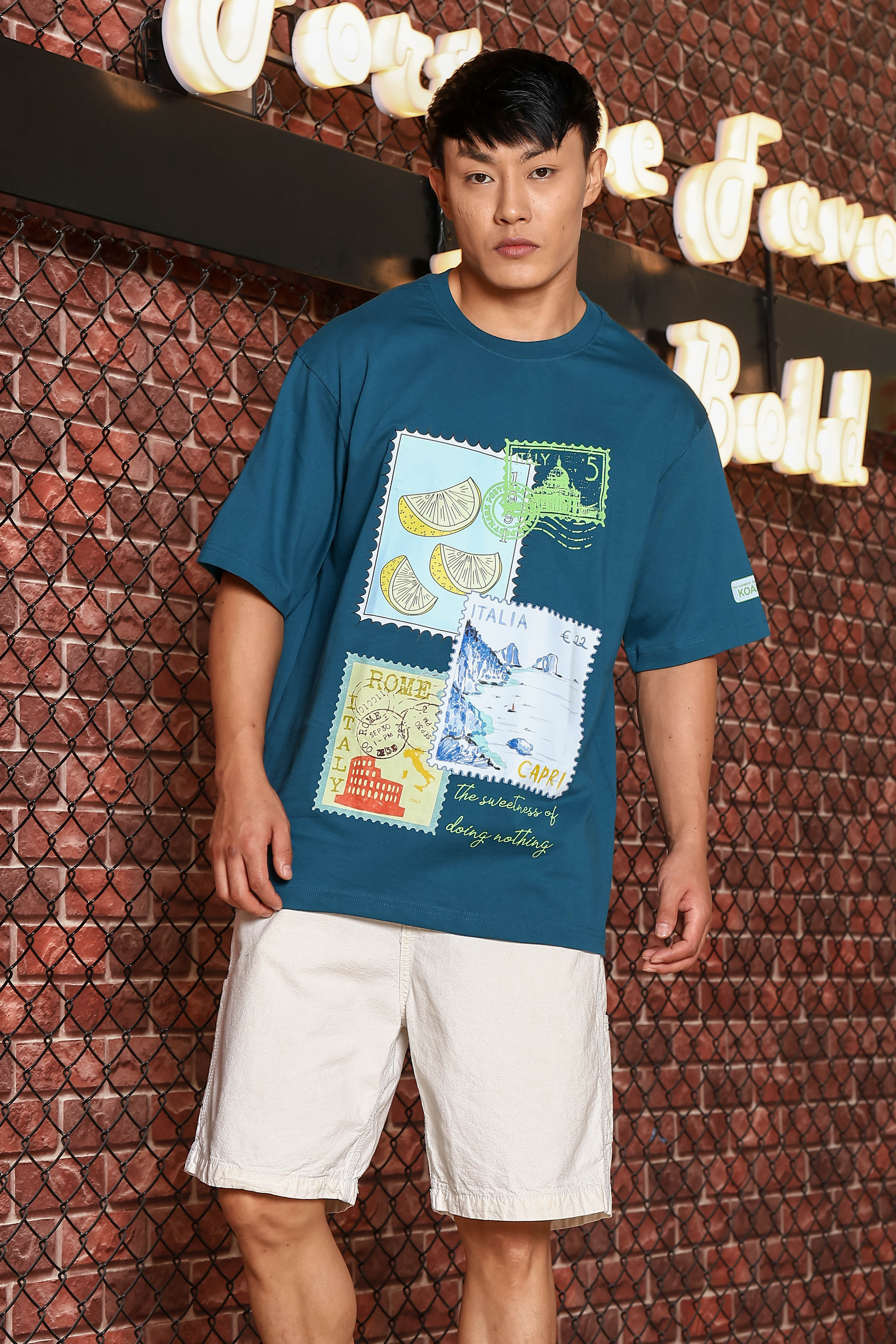 Blue Oversized Printed Premium Drop-Shoulder Sleeve Pure Cotton T-shirt