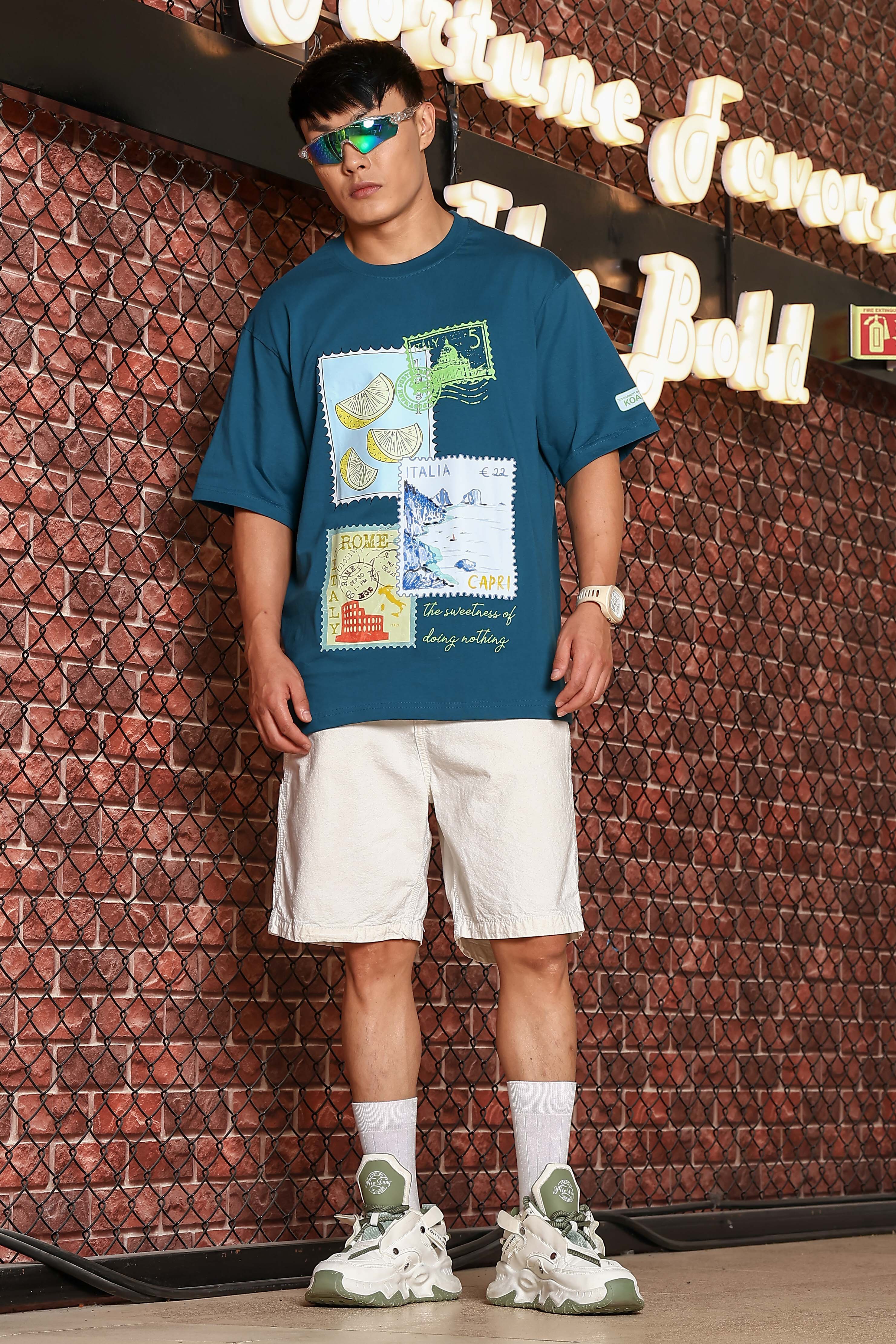 Blue Oversized Printed Premium Drop-Shoulder Sleeve Pure Cotton T-shirt