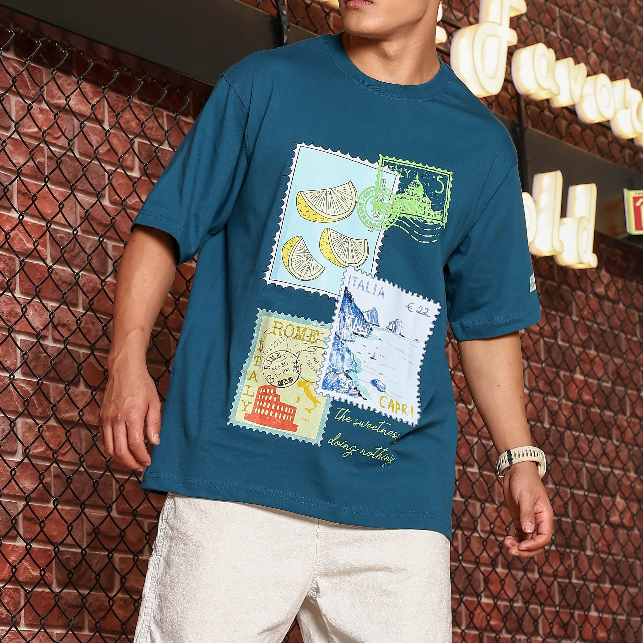 Blue Oversized Printed Premium Drop-Shoulder Sleeve Pure Cotton T-shirt
