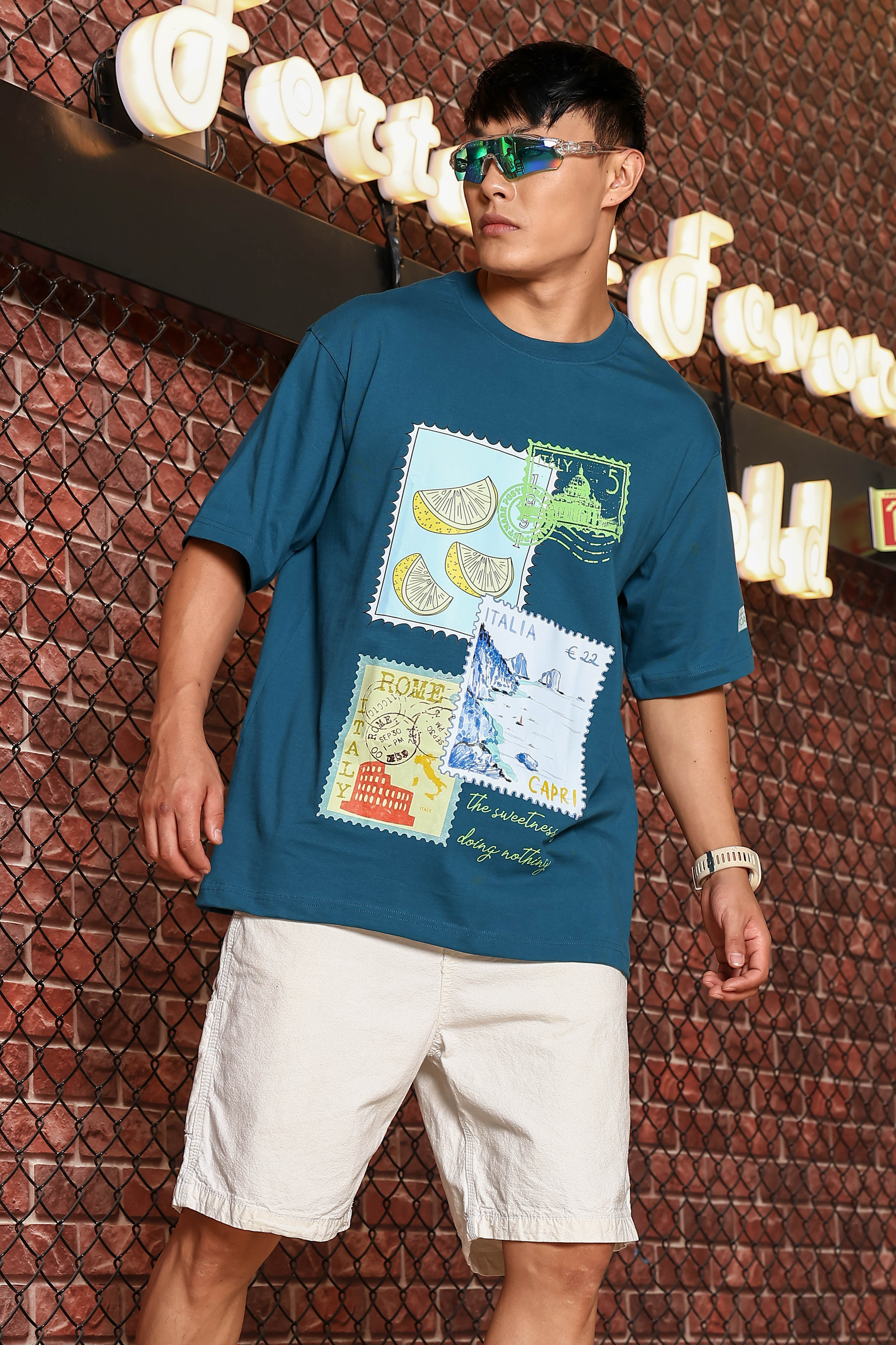 Blue Oversized Printed Premium Drop-Shoulder Sleeve Pure Cotton T-shirt