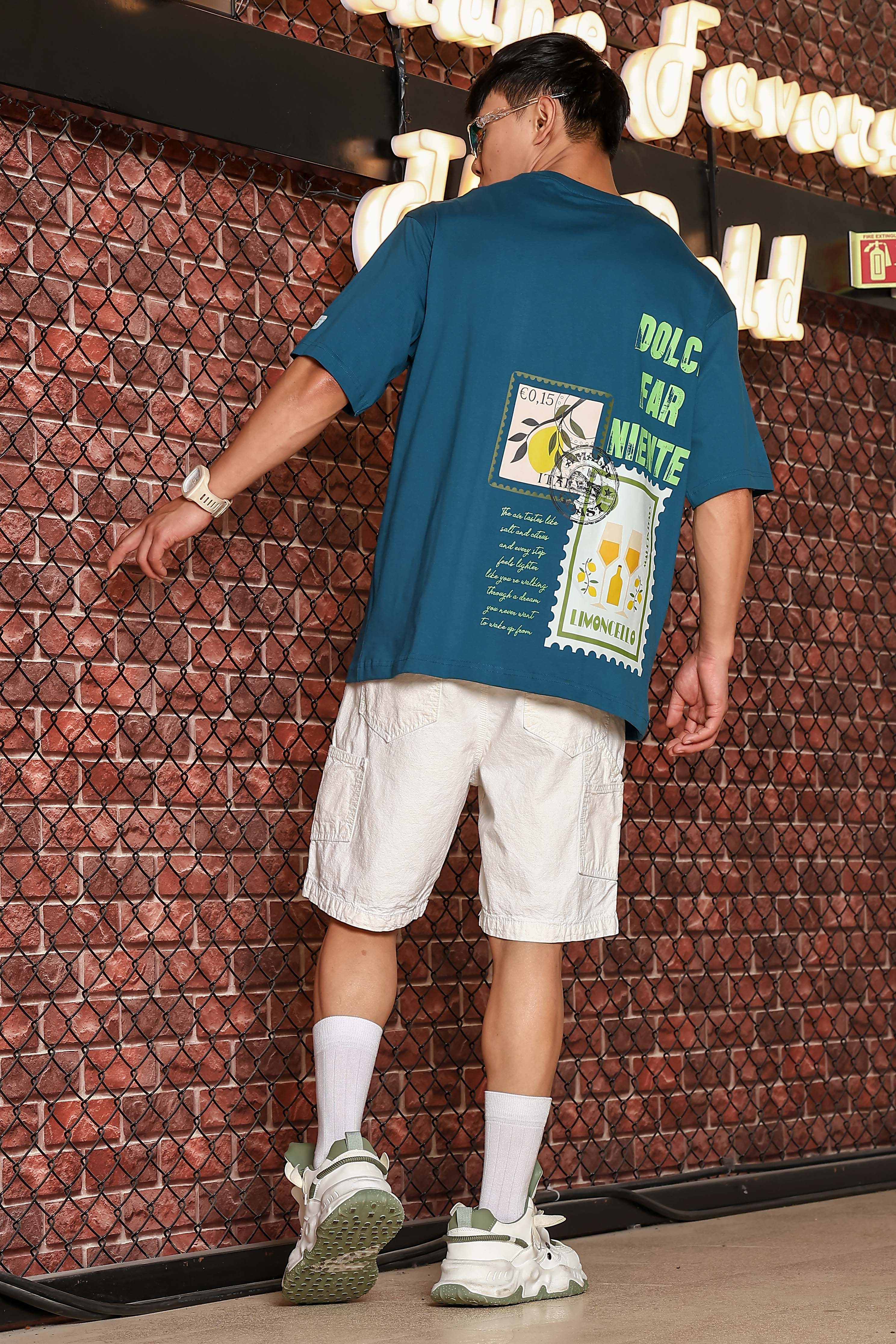 Blue Oversized Printed Premium Drop-Shoulder Sleeve Pure Cotton T-shirt