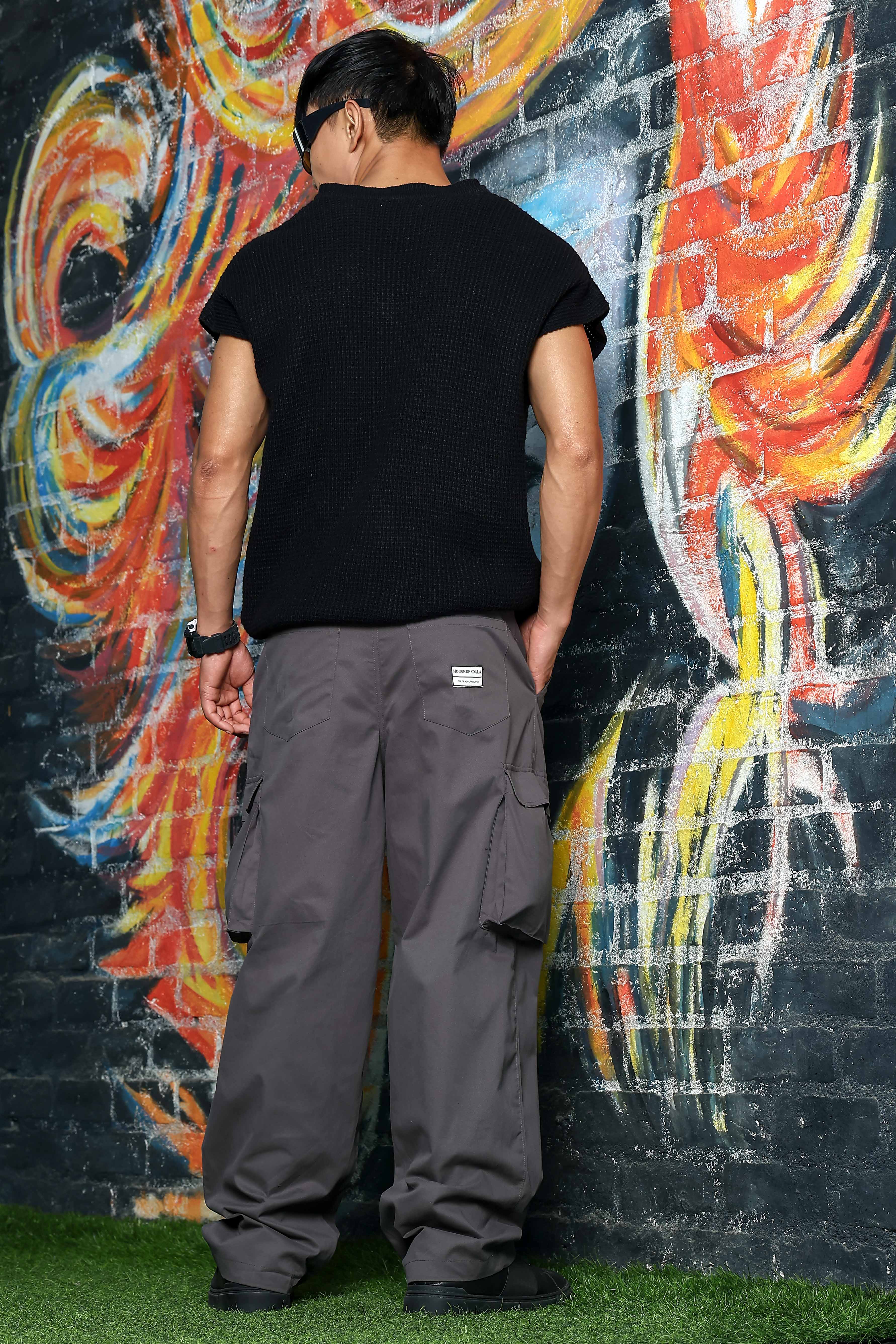 Unisex Baggy fit 6 Pocket Grey Cotton Cargo Trousers