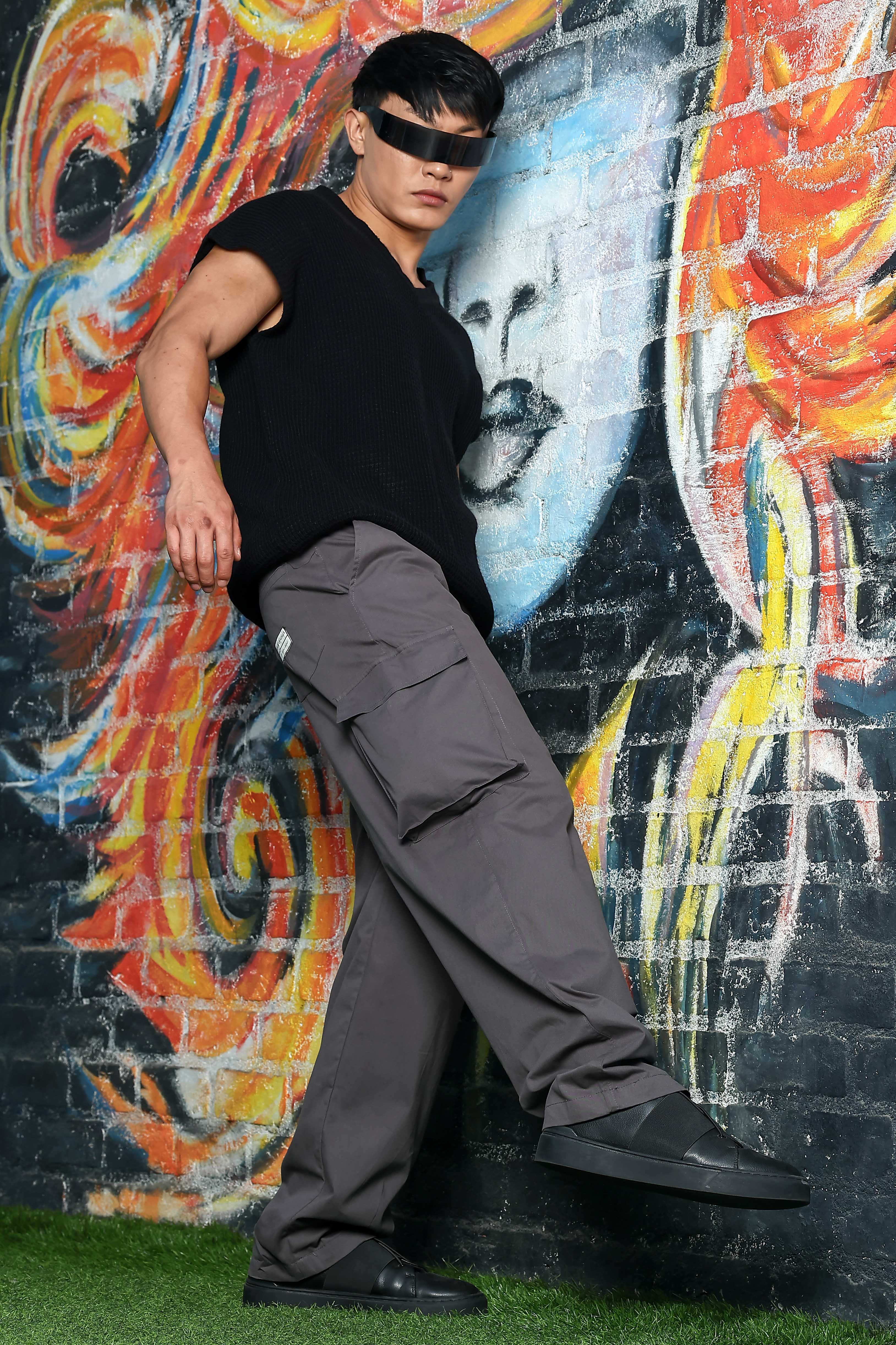 Unisex Baggy fit 6 Pocket Grey Cotton Cargo Trousers