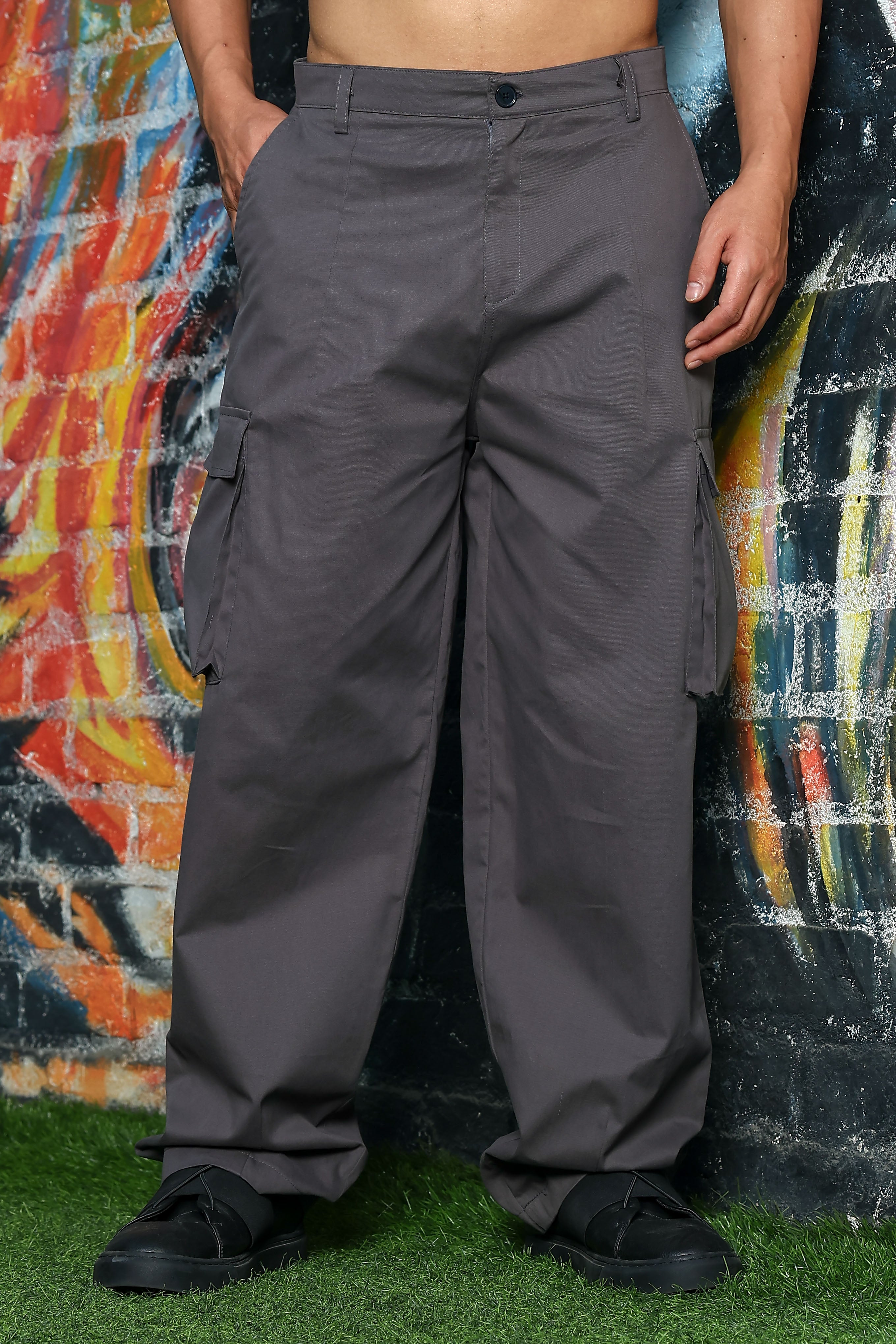 Unisex Baggy fit 6 Pocket Grey Cotton Cargo Trousers