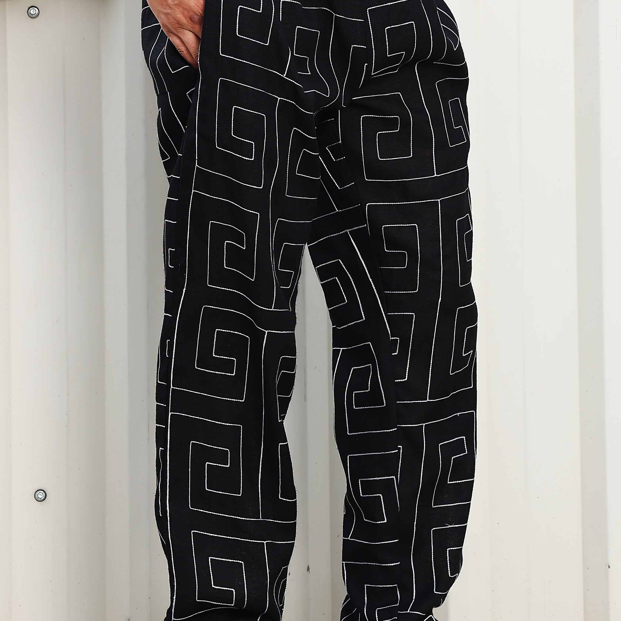 Black Linen Blend Embroidered Korean Streetstyle Regular Fit All Day Pants