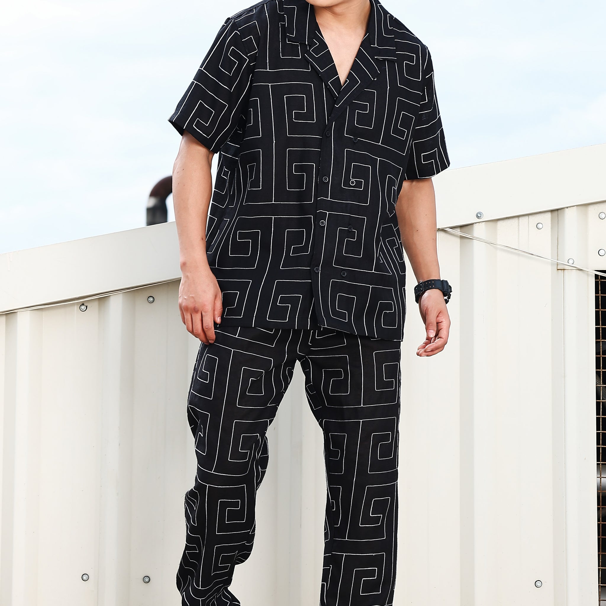 Black Linen Embroidered Notched Lapel Korean Shirt & All Day Pants Co-ord Set