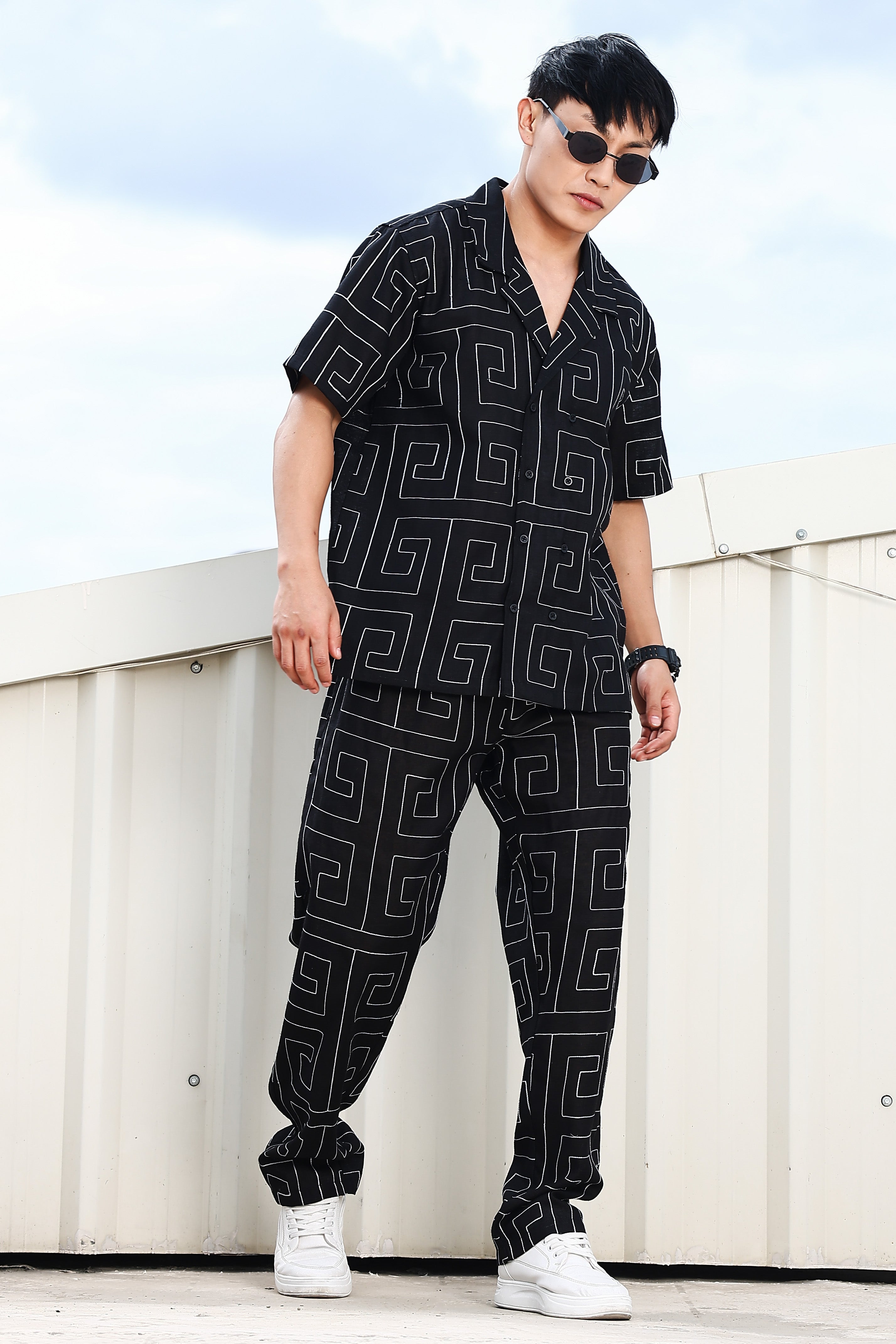 Black Linen Embroidered Notched Lapel Korean Shirt & All Day Pants Co-ord Set