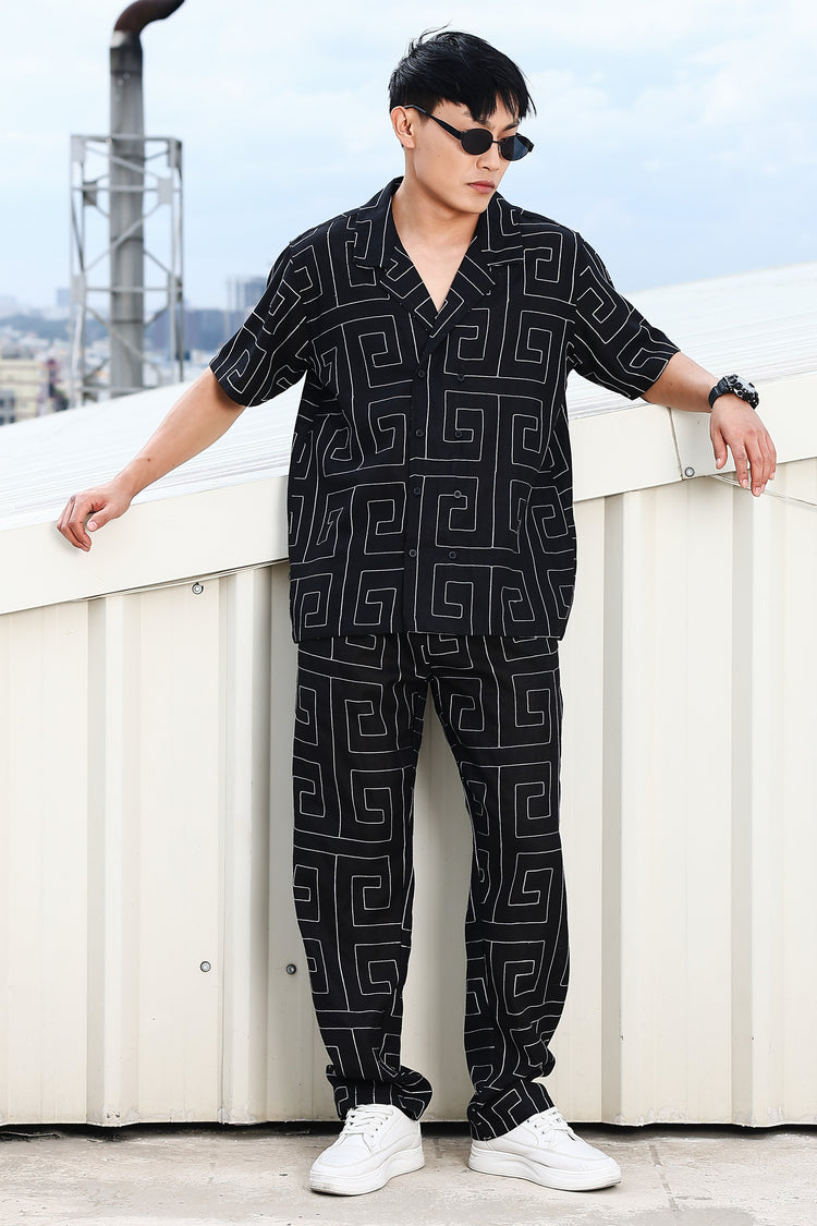 Black Linen Embroidered Notched Lapel Korean Shirt & All Day Pants Co-ord Set