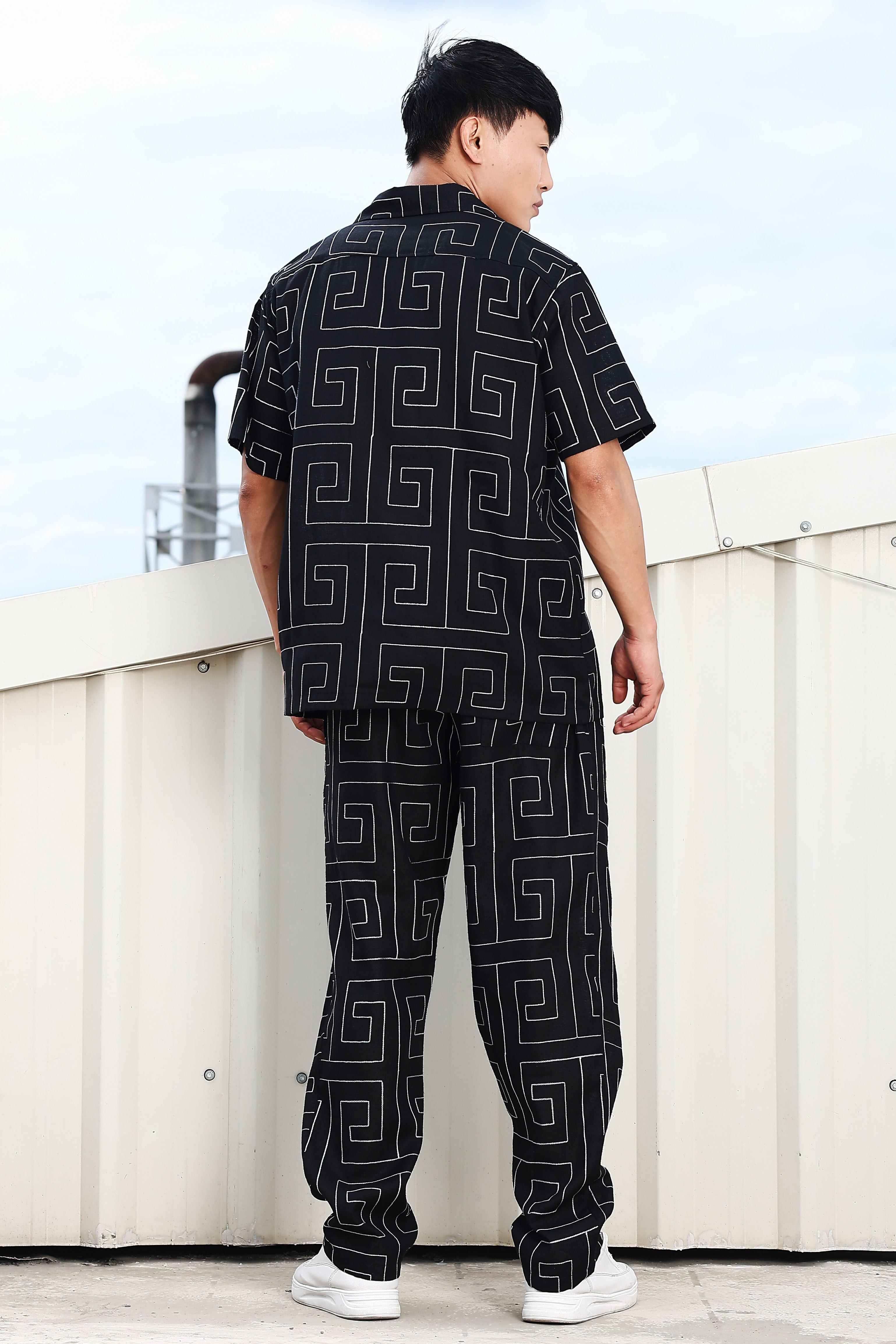 Black Linen Embroidered Notched Lapel Korean Shirt & All Day Pants Co-ord Set