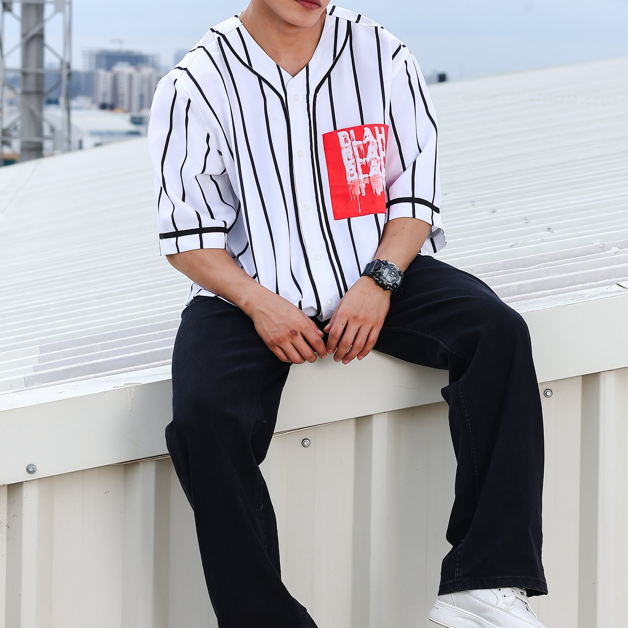 Men Stripe Printed White Classic Oversized Fit Baseball Shirt