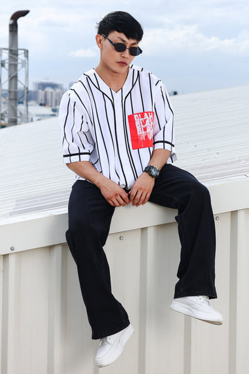 Men Stripe Printed White Classic Oversized Fit Baseball Shirt
