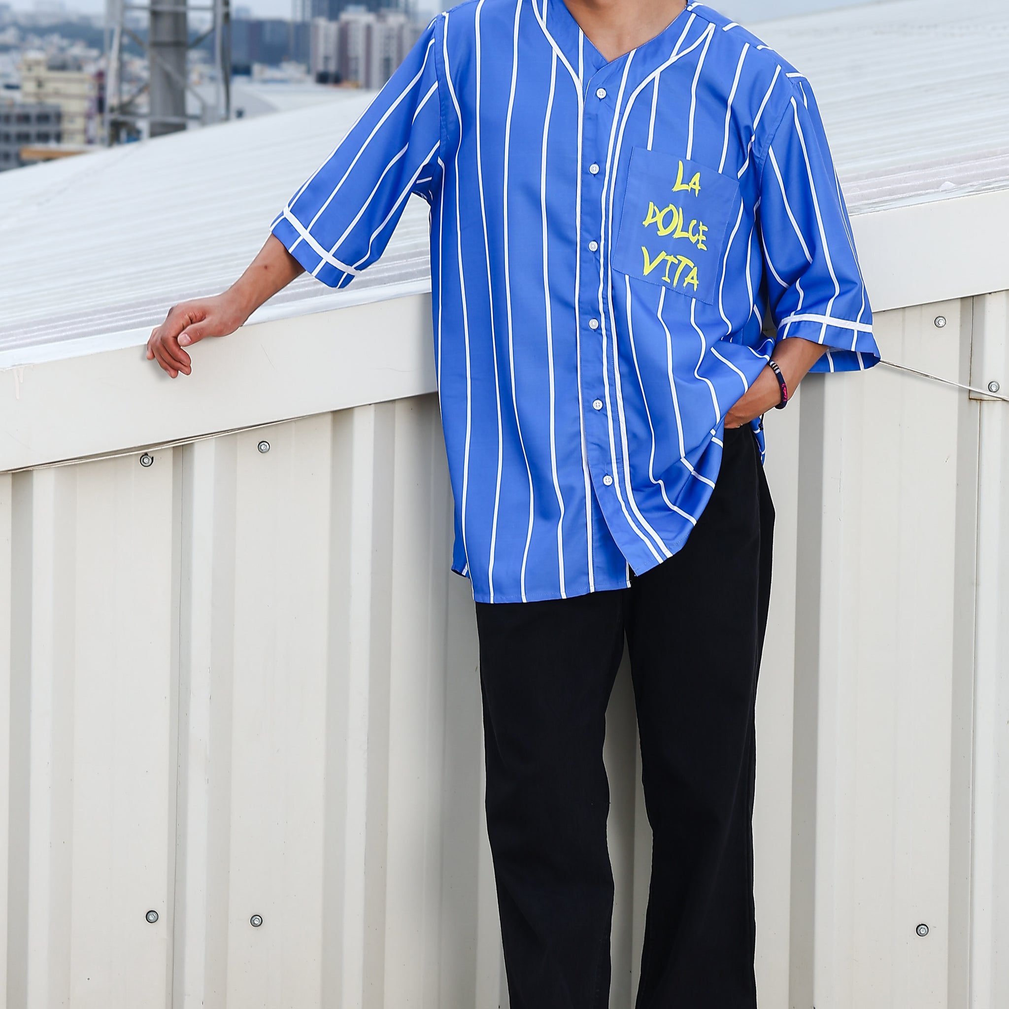 Men Stripe Printed Blue Classic Oversized Fit Baseball Shirt