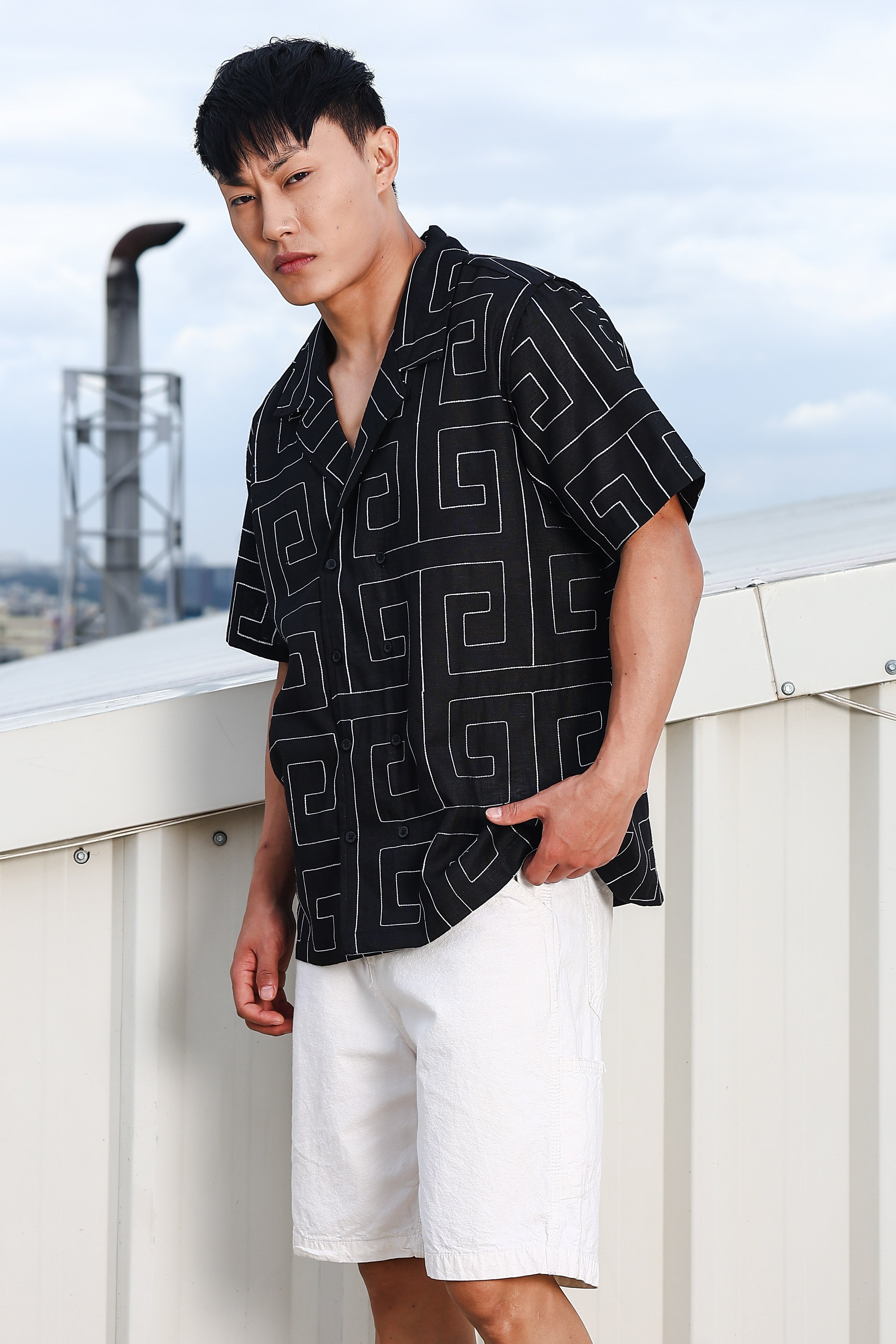 Linen Blend Black Korean Embroidered Notched Lapel Collar Resort Shirt