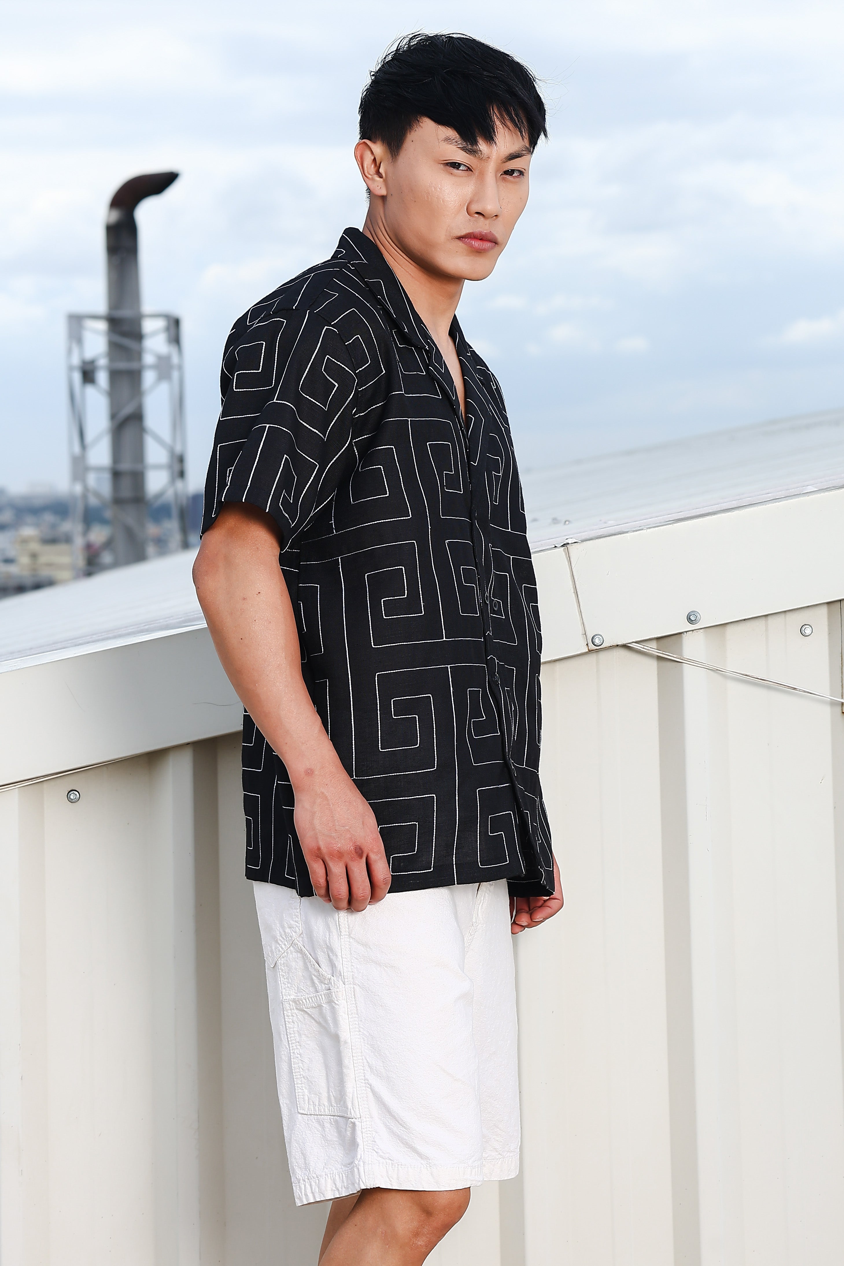Linen Blend Black Korean Embroidered Notched Lapel Collar Resort Shirt