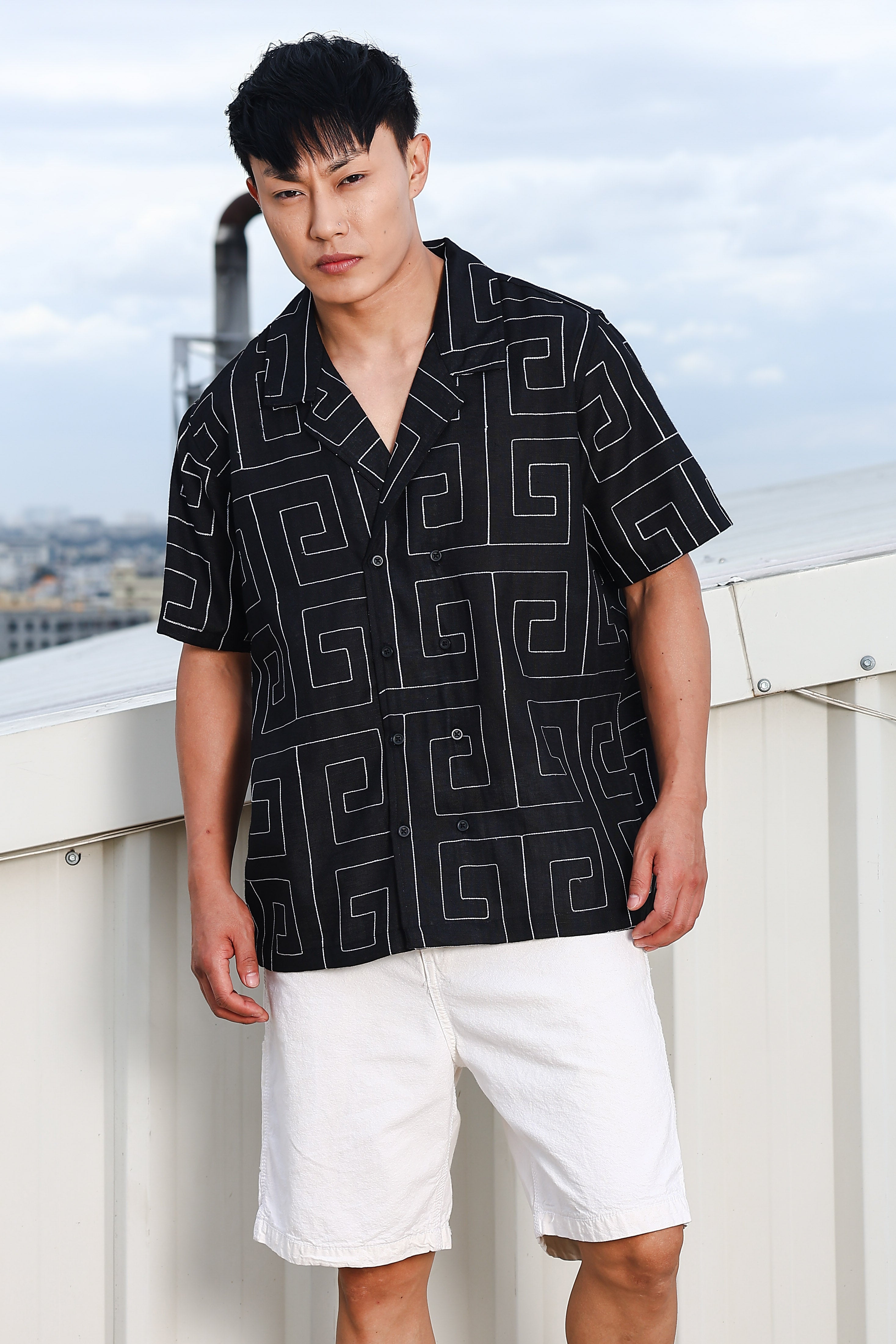 Linen Blend Black Korean Embroidered Notched Lapel Collar Resort Shirt