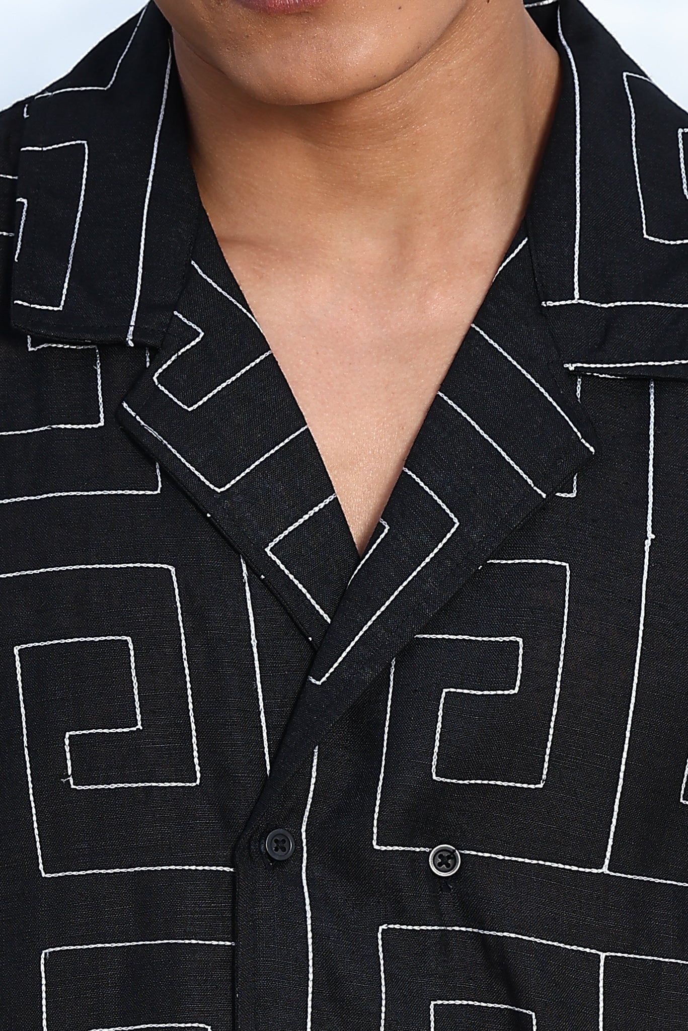 Linen Blend Black Korean Embroidered Notched Lapel Collar Resort Shirt